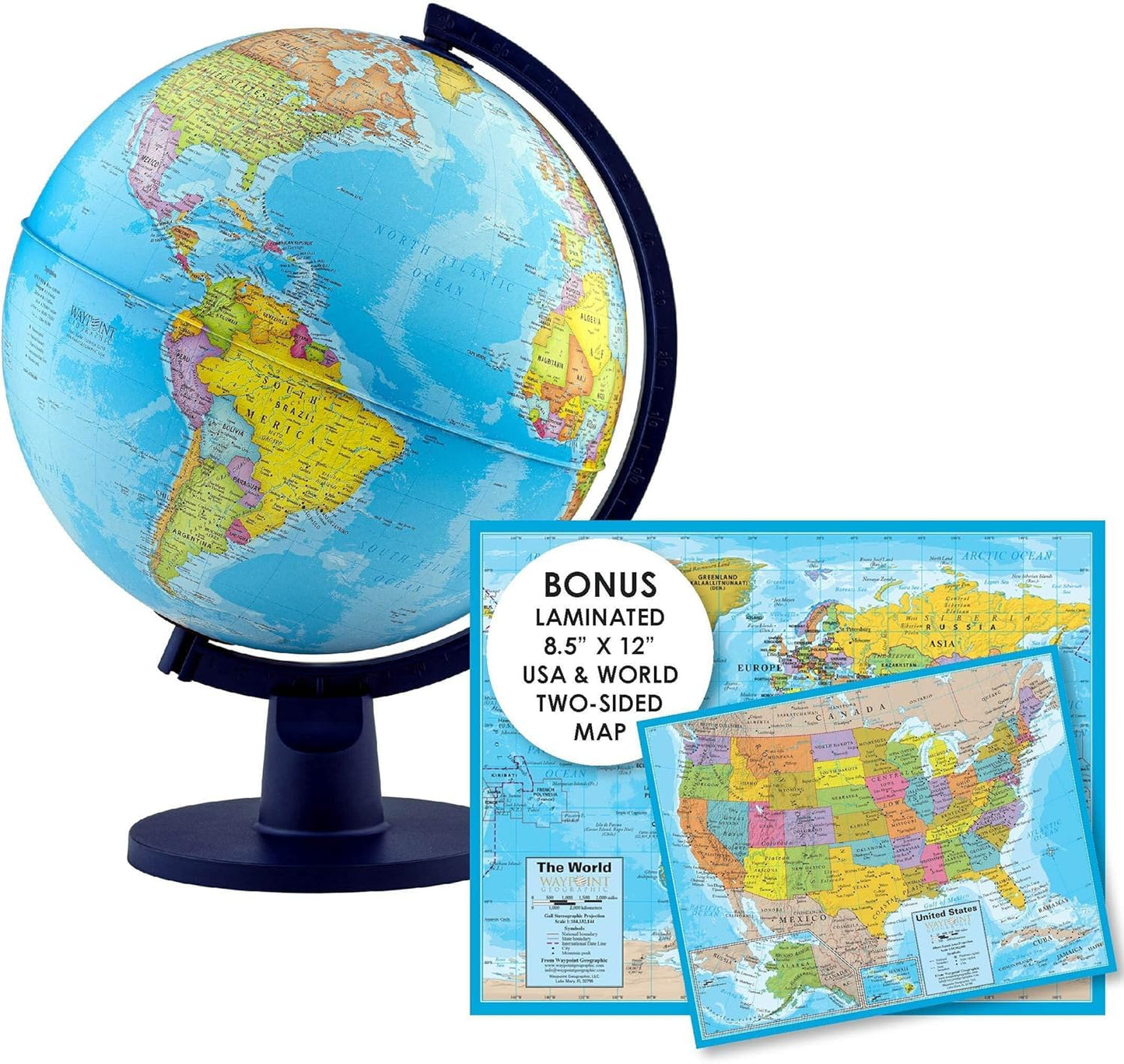 Waypoint Geographic Scout+ With Map, World Globe For Kids, Decorative Classroom Globe With Stand, More Than 4000 Places, 12” Interactive Globe, Bonus Map Included, Blue