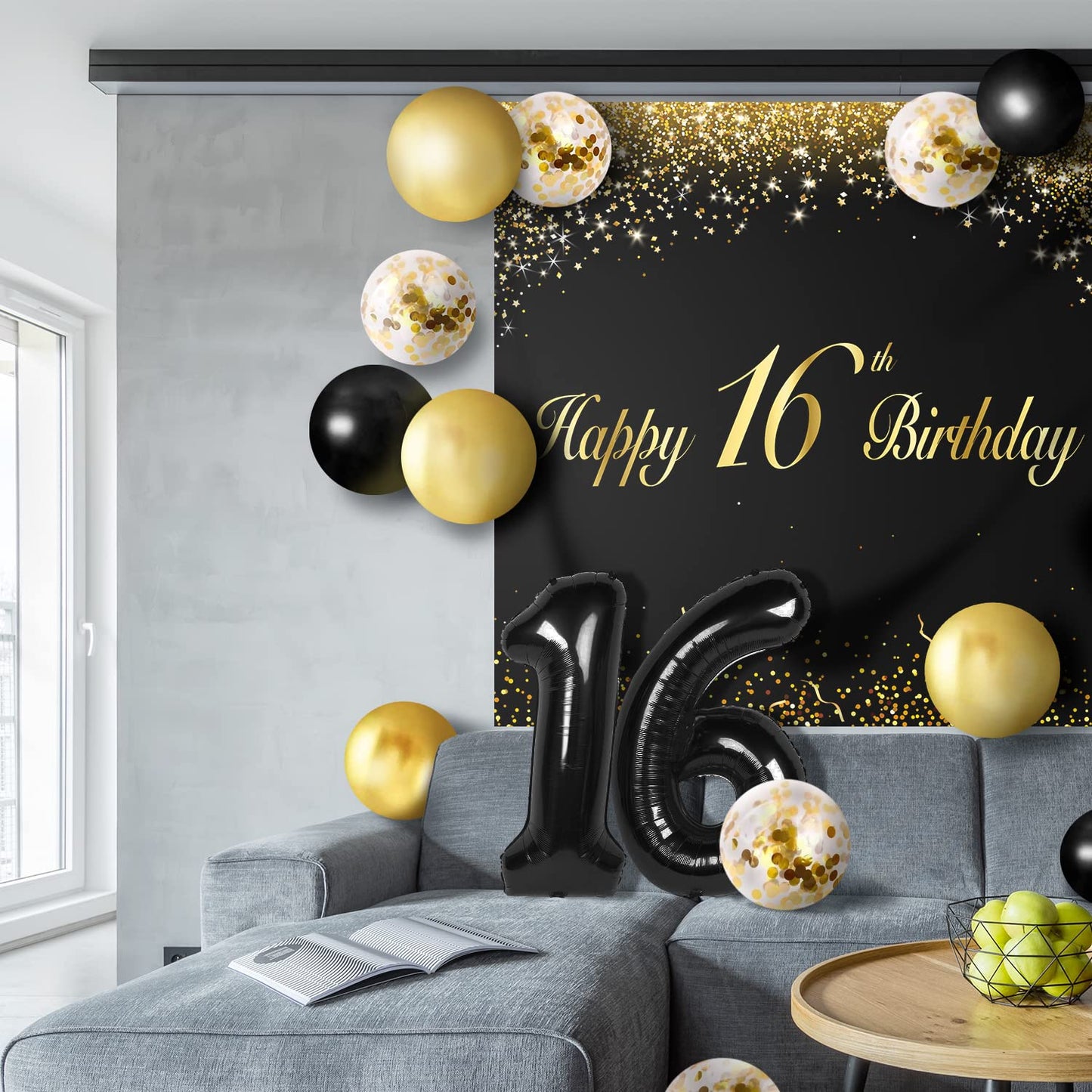 Happy 16Th Birthday Balloons Black Set Decor - Cheers To 16 Years Old Party Theme Garland Banner Backdrop Decorations For Boy An