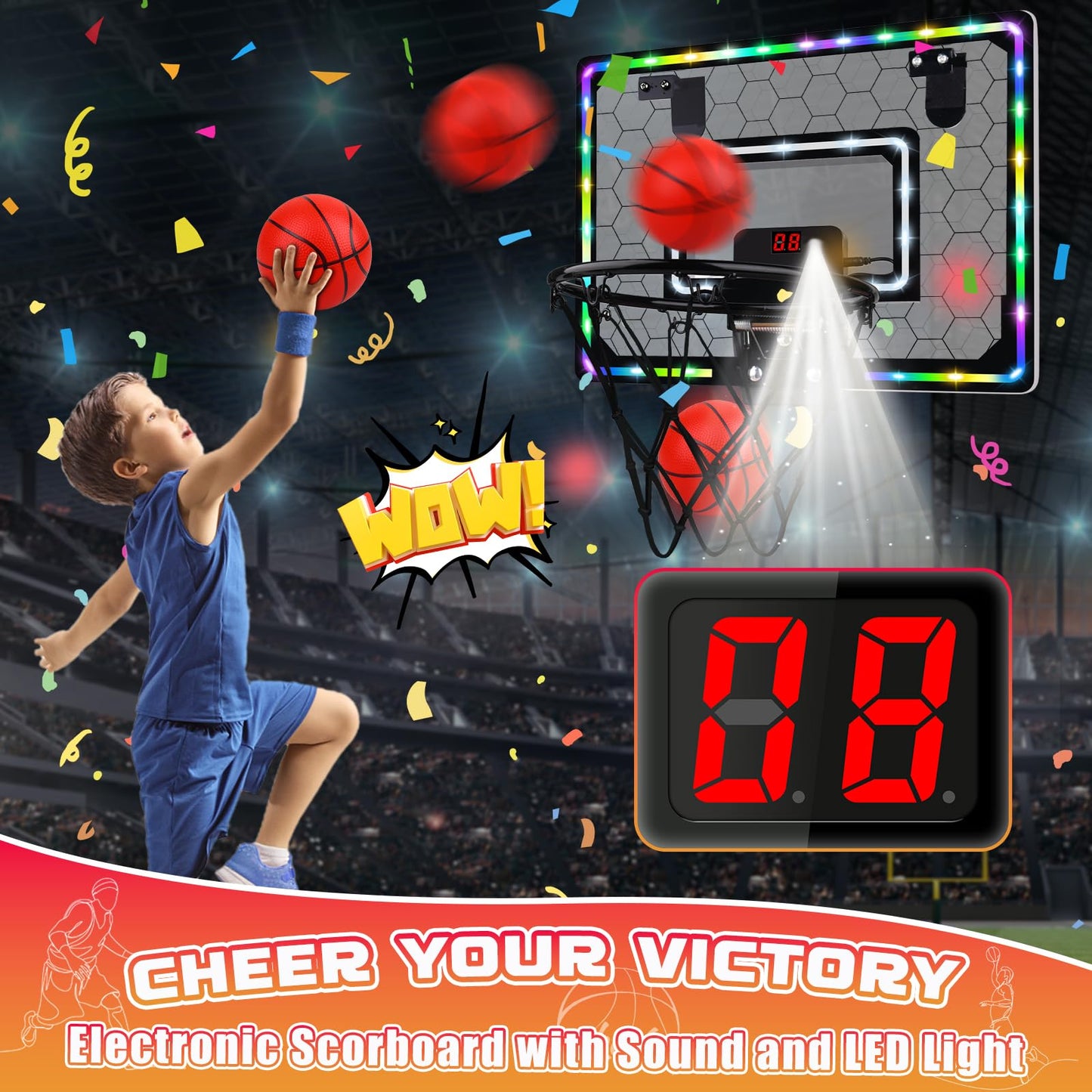 Basketball Hoop Indoor,Mini Hoop With Led Light/Scoreboard, Door Basketball Hoop Basketball Toys Gifts For 5 6 7 8 9 10 11 12 Year Old Boys Girls (Honeycomb Pattern)