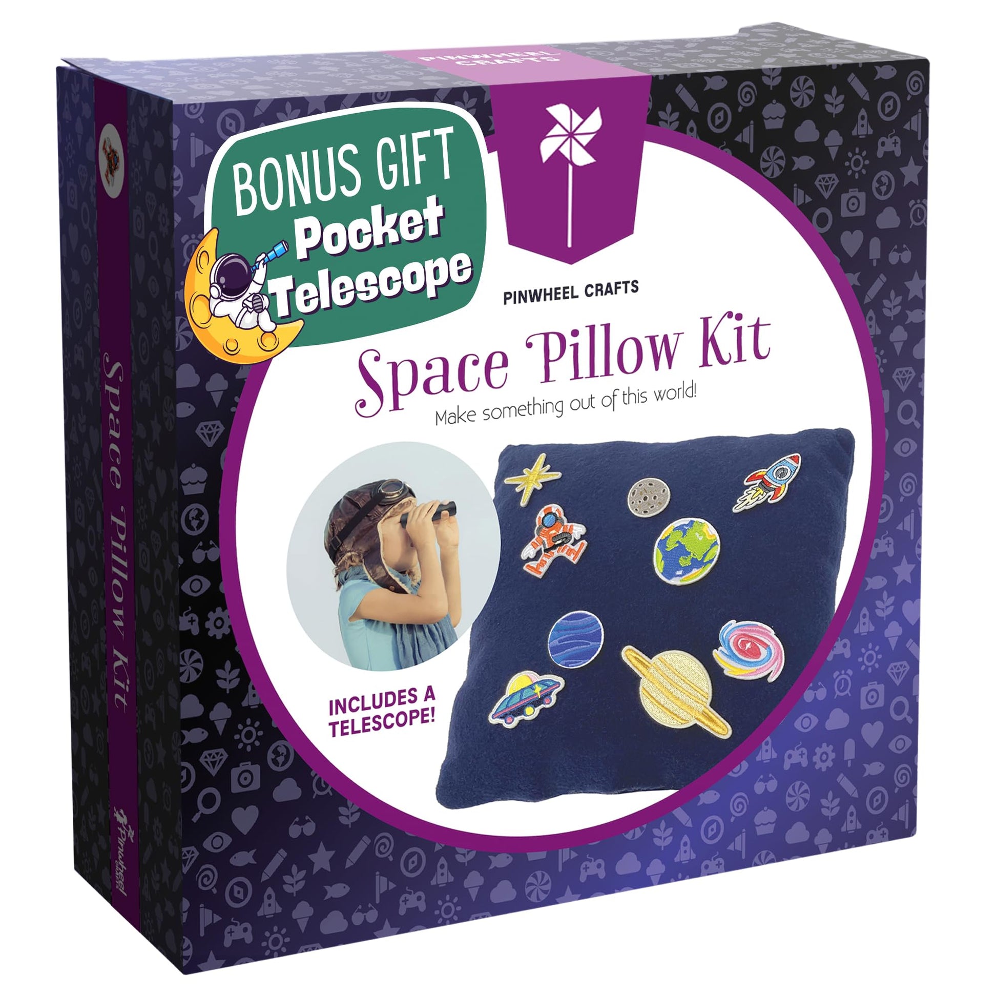 Easy Sew Space Pillow Kit with Planet Patches, Kids Telescope, Learn Astronomy Solar System, Make Your Own Plush Craft, Sewing K