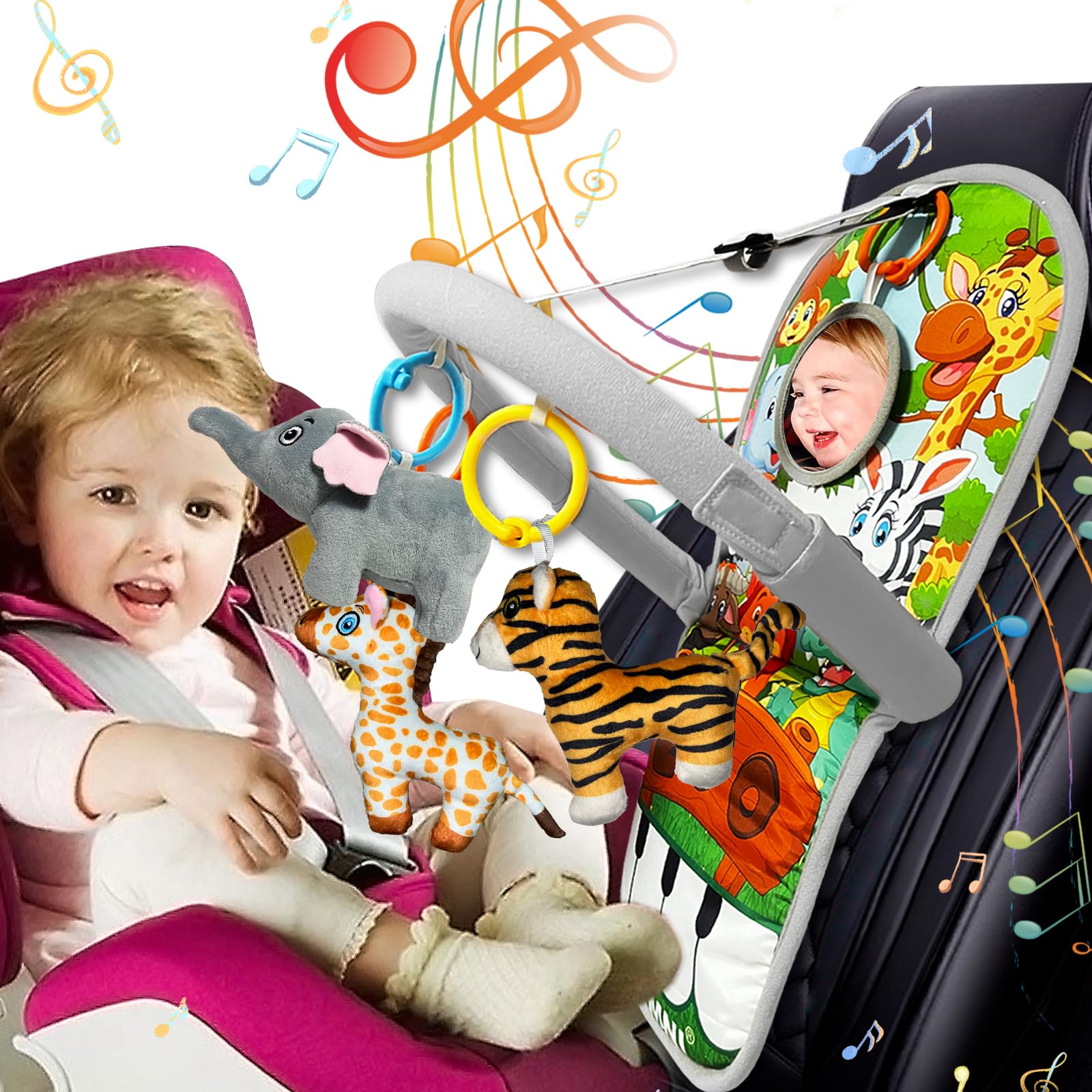Toymni Car Seat Toys For Baby Toys 6 To 12 Months, Carseat Toys With Musical Pedal Piano, Baby Travel Toys With Baby Mirror And 