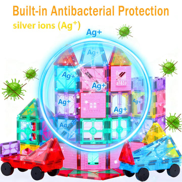 HAPPYMATY Antibacterial Magnetic Building Tiles - 106 PCS, Multicolored, 3D STEM Educational Blocks with 2 Cars for Kids