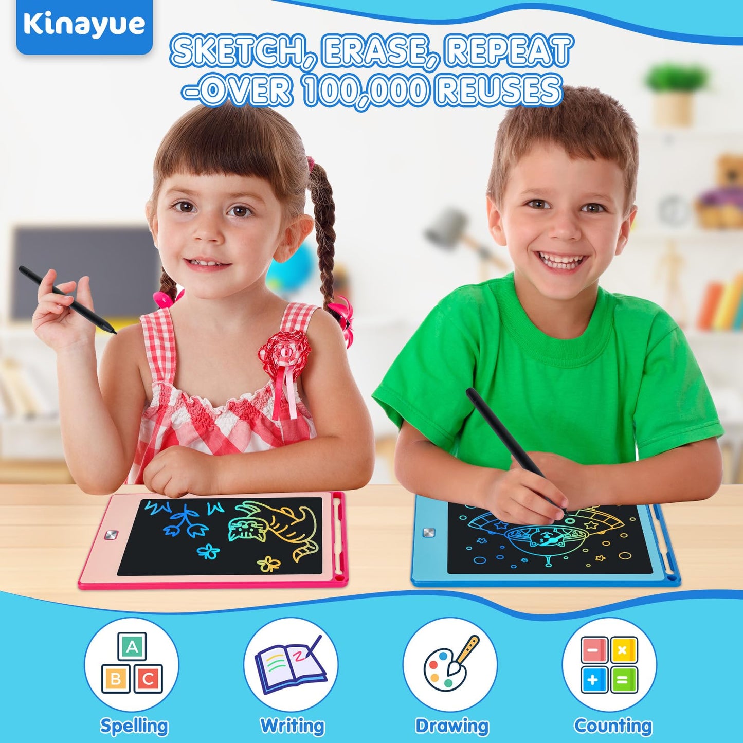 Kinayue 2 Pack LCD Writing Tablet for Kids,8.5 Inch Doodle Board Drawing Tablet Colorful Educational Toys for Boys Girls Reusabl