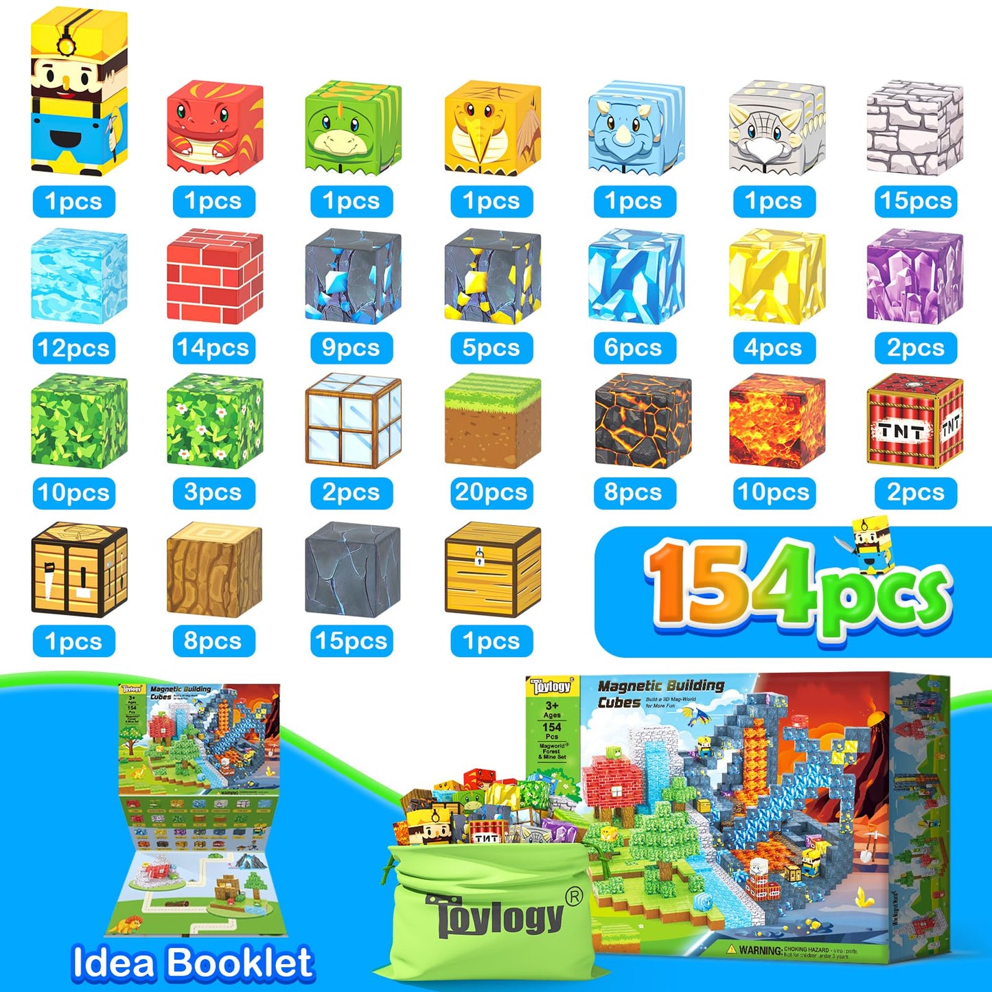 154PCS Dinosaur Toys Magnetic Blocks-Build Mine Magnet World Forest Mine Edition  Dino Adventure Magnetic Building Sensory STEM Kids Toys for Boys Age 3+ Magnet Games for Boys Girls 3-5 4-6 5-7 6-8