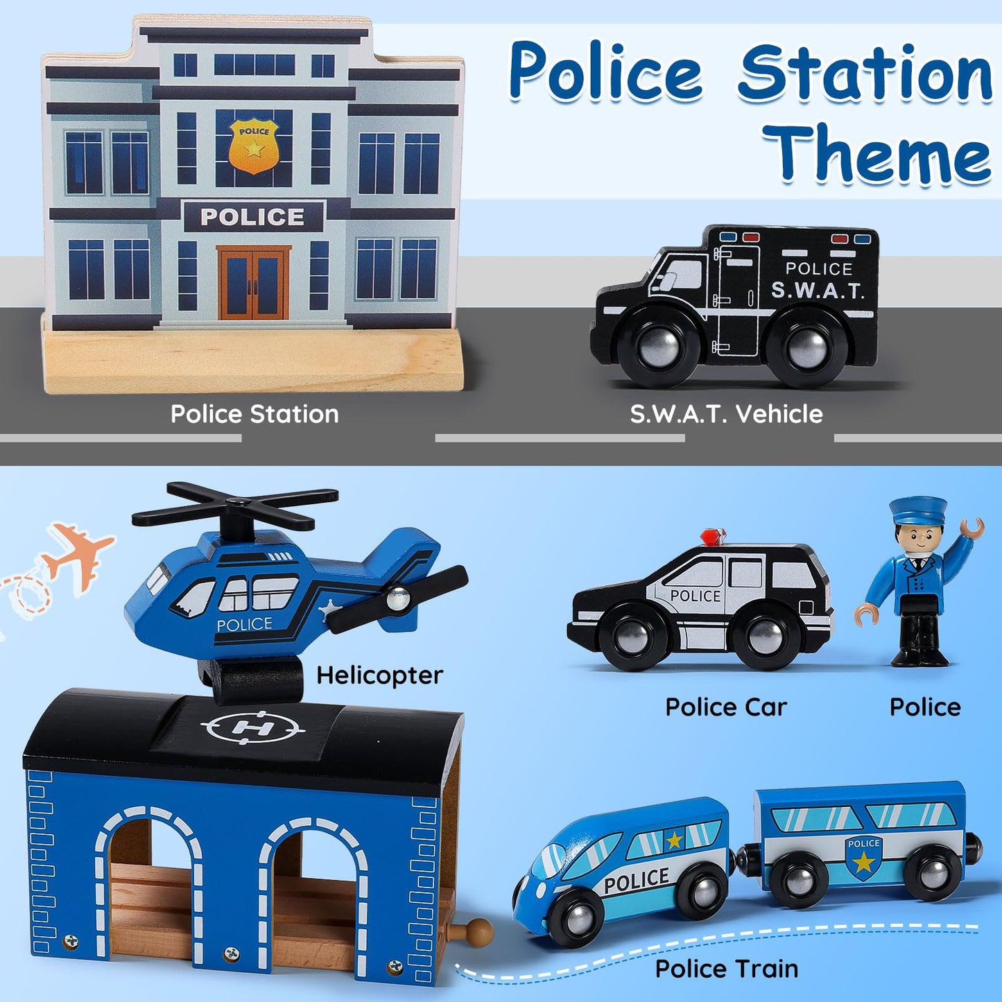 Sainsmart Jr. Wooden Train Set - Interactive Police Playset For Kids | Building Toy With Train, Figures & Accessories | Compatible With Brio, Thomas, Melissa And Doug | Educational Stem Gift