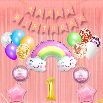1St Rainbow Theme Happy Birthday Banner Decoration Light Pink For 1 Year Baby Boys Girls Kids 5 Pc Rainbow 10 Pc Multicolor Ball