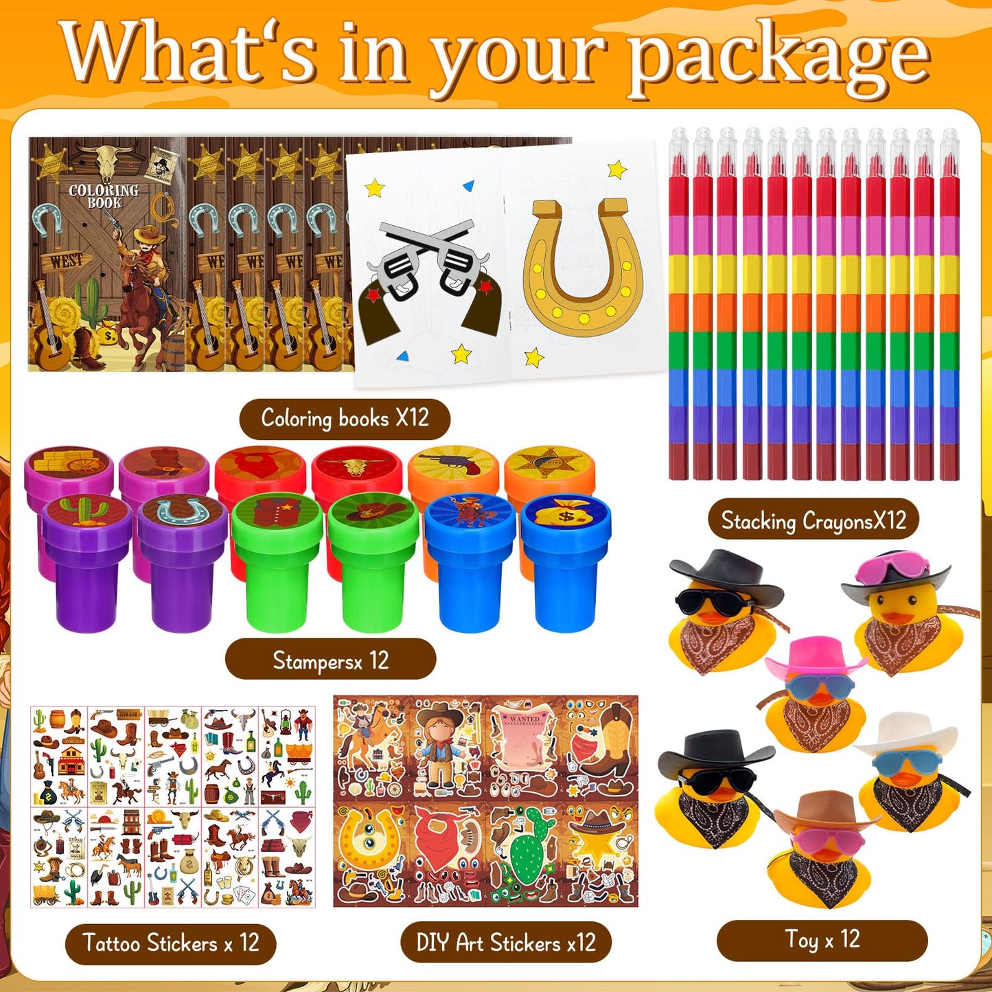 Cinrobiye 144 Pcs Western Cowboy Party Favors, Wild West Coloring Books, Stickers, Tattoos, Stampers, Rubber Ducks, Rainbow Penc