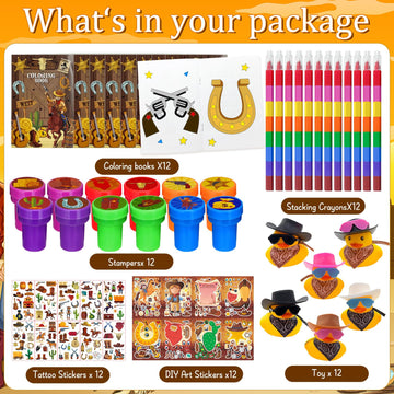 Cinrobiye 144 Pcs Western Cowboy Party Favors, Wild West Coloring Books, Stickers, Tattoos, Stampers, Rubber Ducks, Rainbow Penc