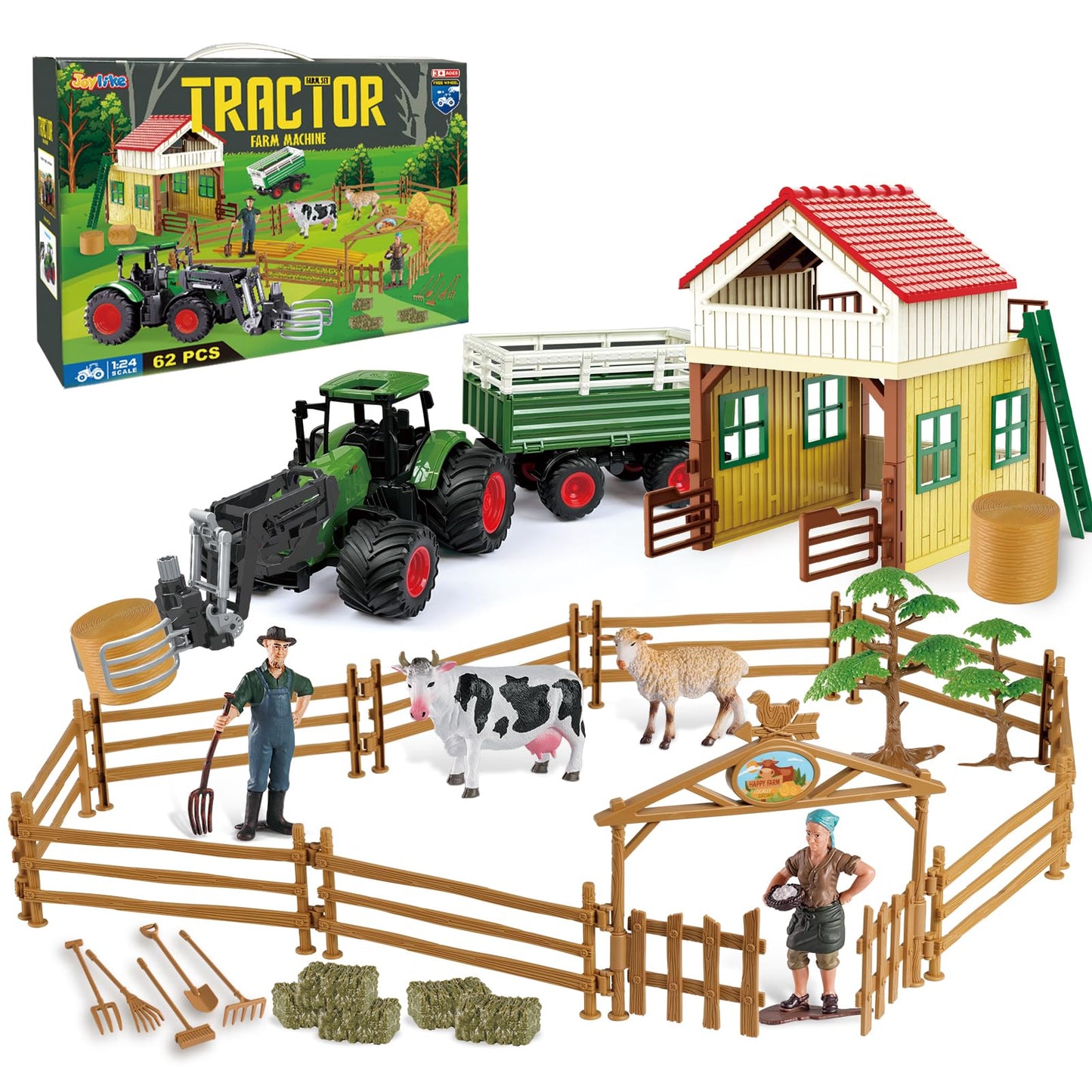 Joylike Farm Tractor Playset, 62 Pcs Farm Toy Set For Kids With 1/24 Tractor, Dumpable Traile, Bale Grapple, Big Barn, Farm Life