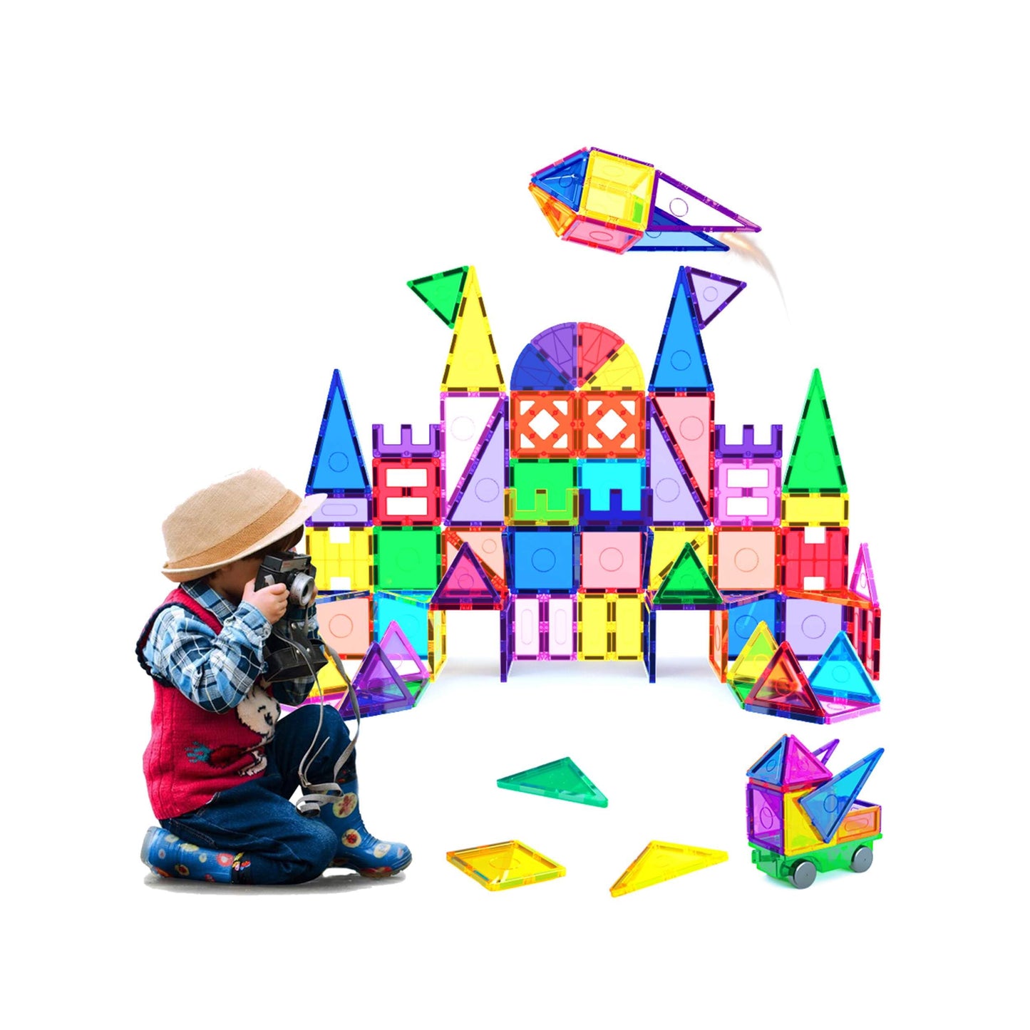 Everplay 110 pc Magnetic Tiles with Car Set, Building Blocks Toys STEAM Educational Learning Magnet Toy Preschool Montessori Boy