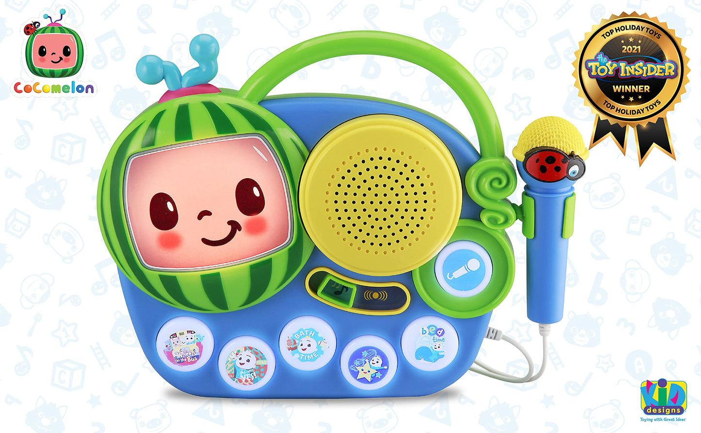 Ekids Auxiliary Cocomelon Toy Singalong Boombox With Microphone For Toddlers, Built-In Music And Flashing Lights, Fans Of Cocomelon Gifts