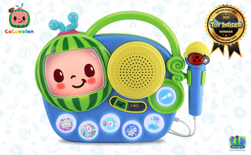 Ekids Auxiliary Cocomelon Toy Singalong Boombox With Microphone For Toddlers, Built-In Music And Flashing Lights, Fans Of Cocomelon Gifts
