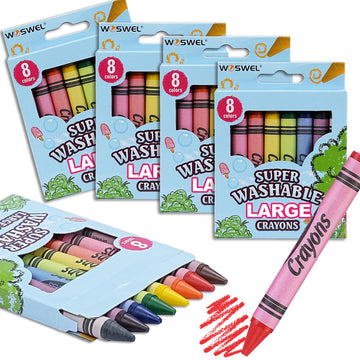 WOSWEL Super Washable Jumbo Crayons Bulk, 4 Pack Crayons with 8 Bright Colors, Non-Toxic Easy-Grip for Toddlers 1-3 & Kids Ages 
