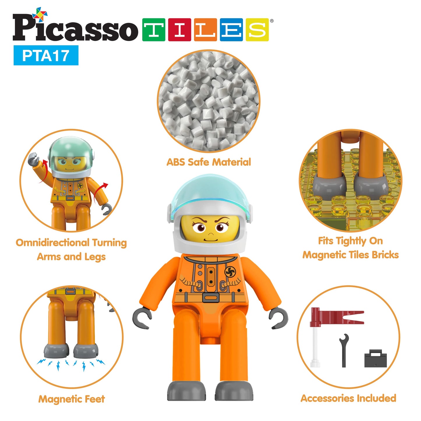 Picasso Toys Magnetic Character Action Figures 4 Piece Astronaut For Building Block Tile Toddler Toy Set Magnet Expansion Pack A