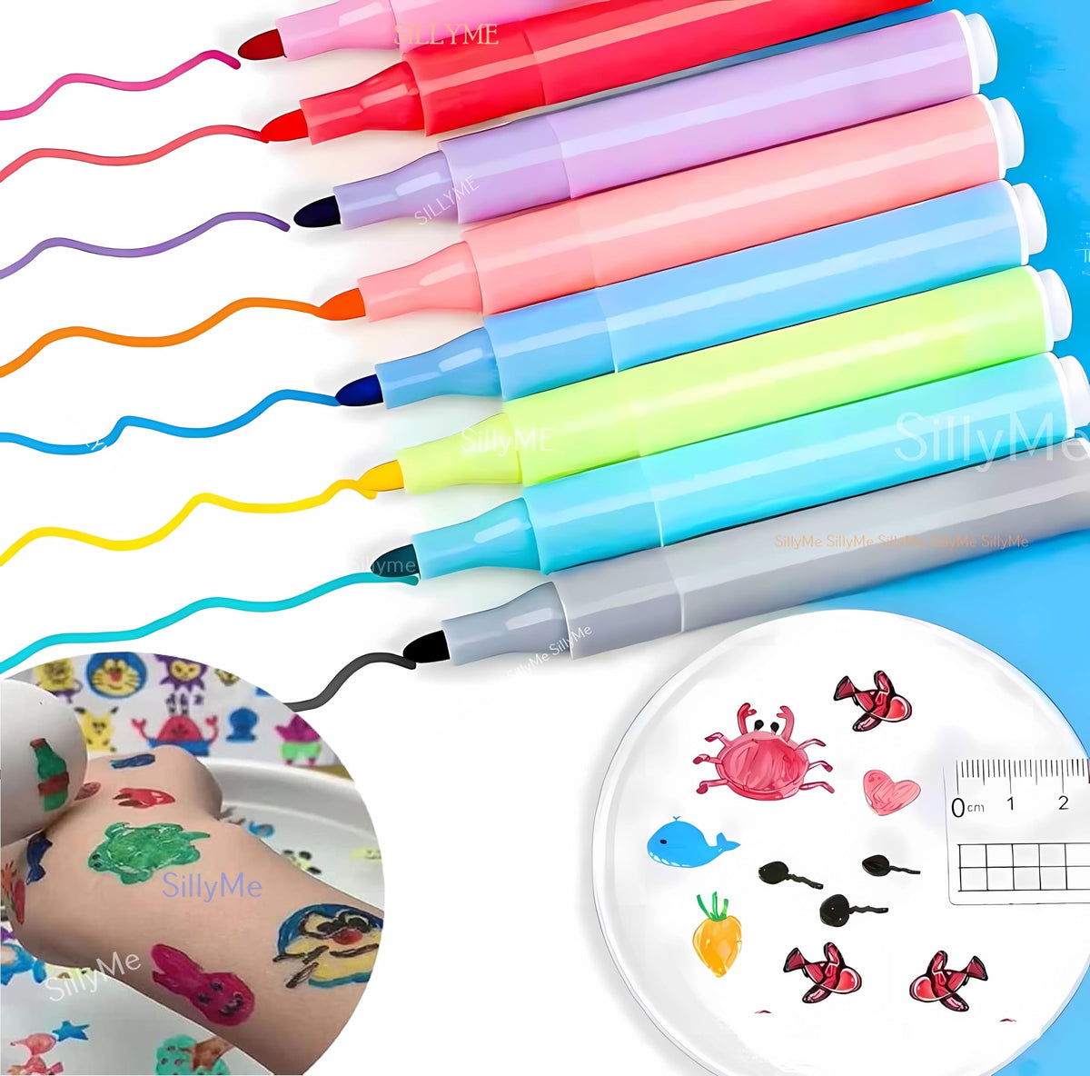 Funny Teddy 8pcs Magic Floating Pen set  Floating Tattoo Marker Set  Floating marker water pen  water floating colour pens  