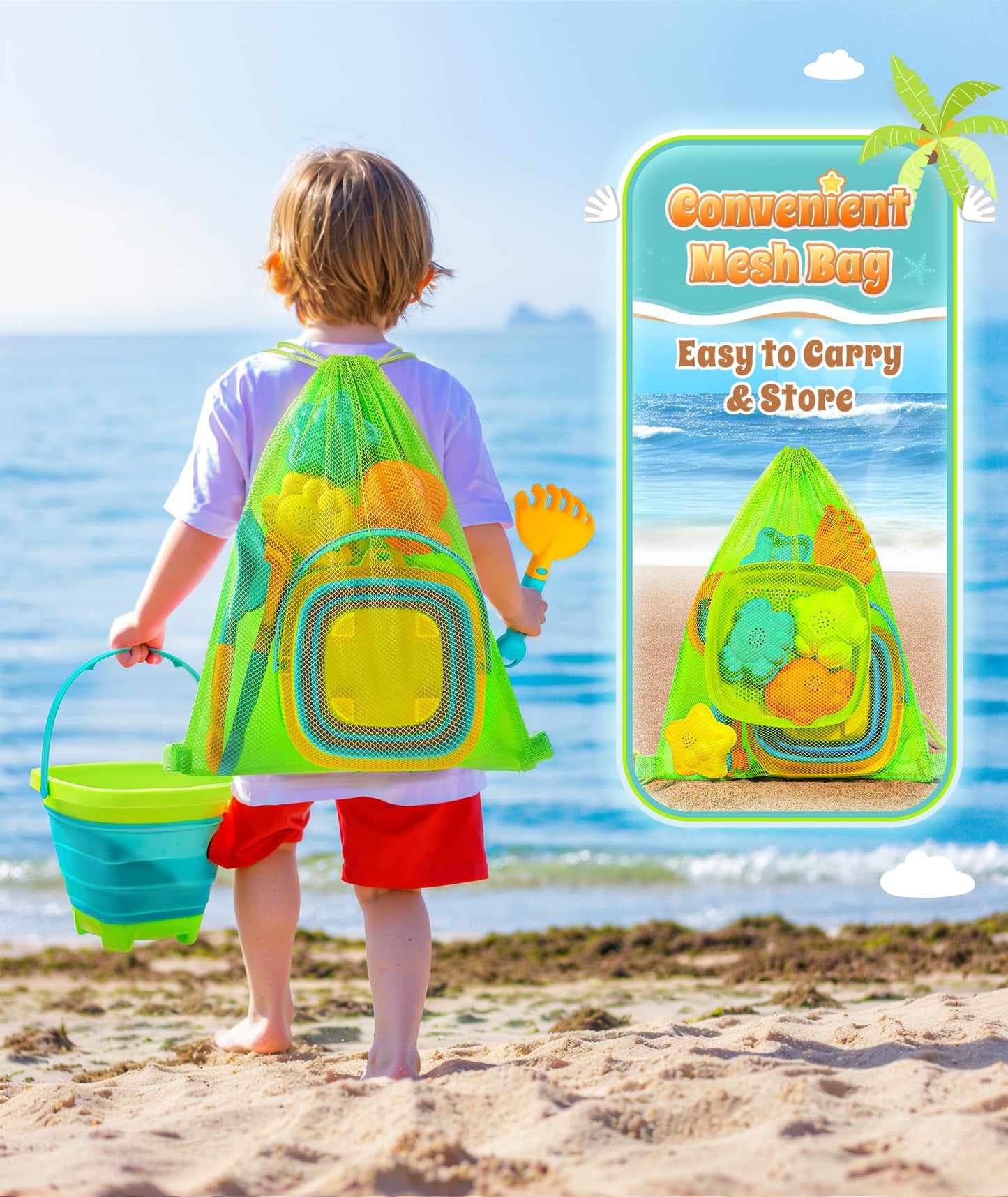 Duducofu Collapsible Beach Sand Toys For Kids Toddlers, Collapsible Sand Bucket With Sifter Shovels Set With Mesh Bag And Sand M