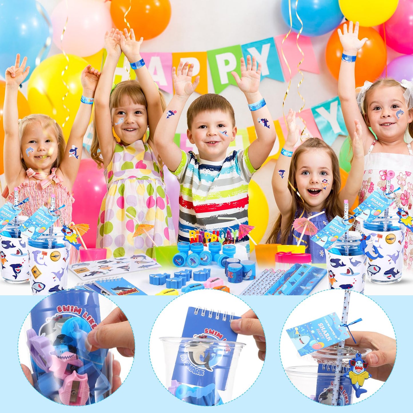 Colarr 161 Pcs Shark Party Favor Shark School Stationery Set Includes Gift Cup Notebook Pencil Sharpener Eraser Keychain Stamp S