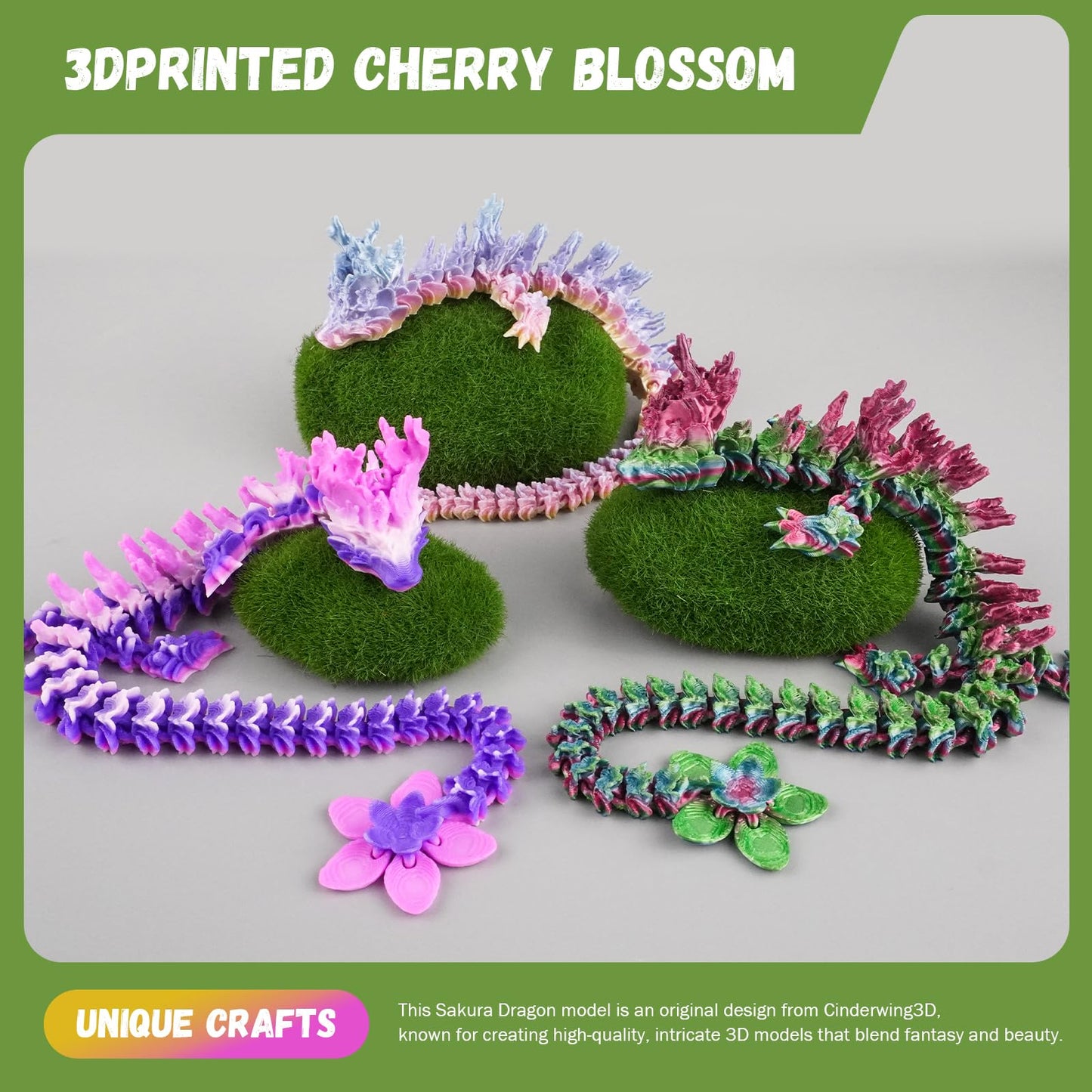 Outgoto 3D Printed Cherry Blossom Dragon - 11.8In Realistic Articulated Dragon Fidget Toy, Desk D?Or And Collectible (Obsidian B
