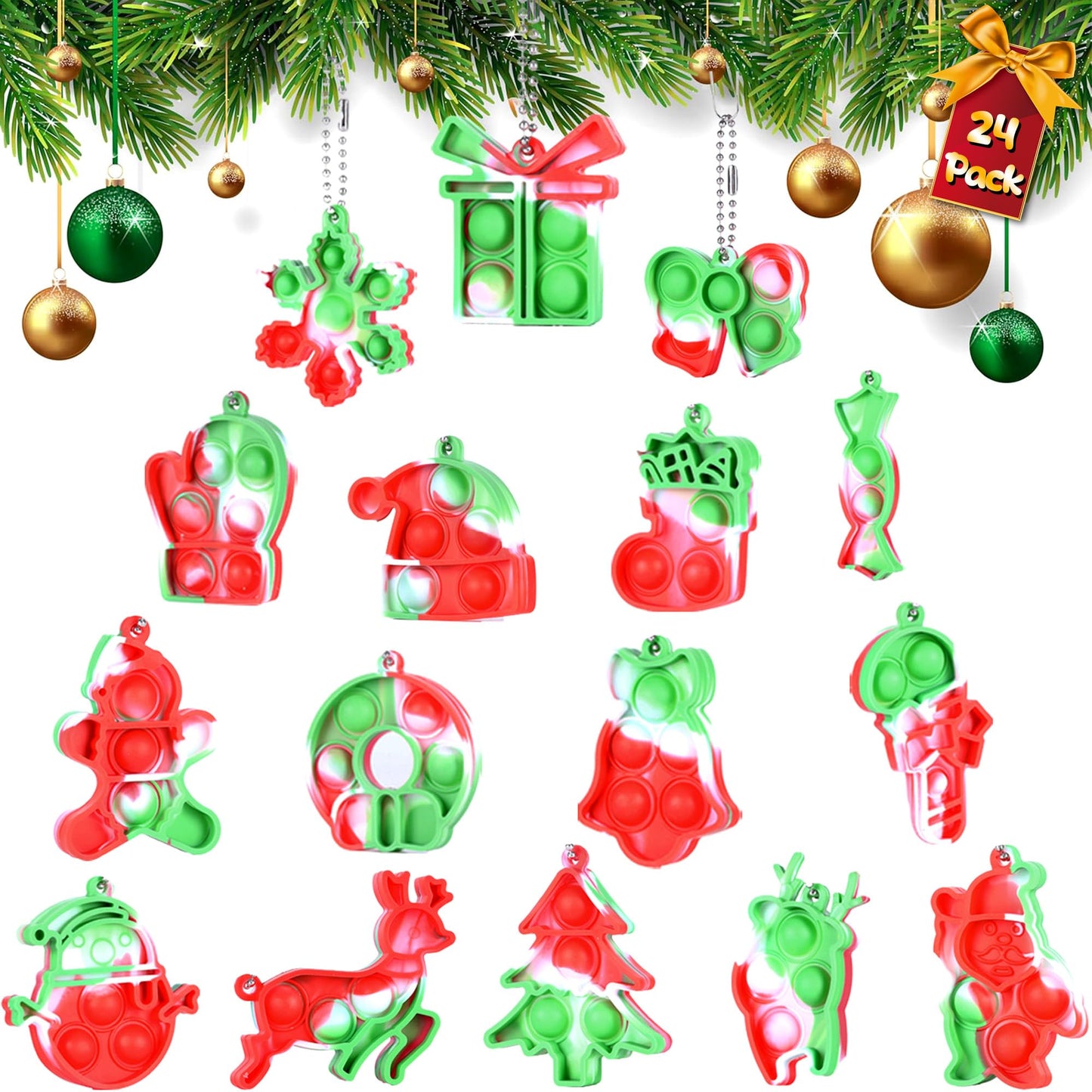 24 PCS Christmas Bulk Fidget Toys Christmas Party Favors Mini Pop Keychain Set Push Bubble Sensory Toy Toddler Kids Girls Boys Stocking Stuffers Christmas Goodie Bags Gift for Student Classroom Prize