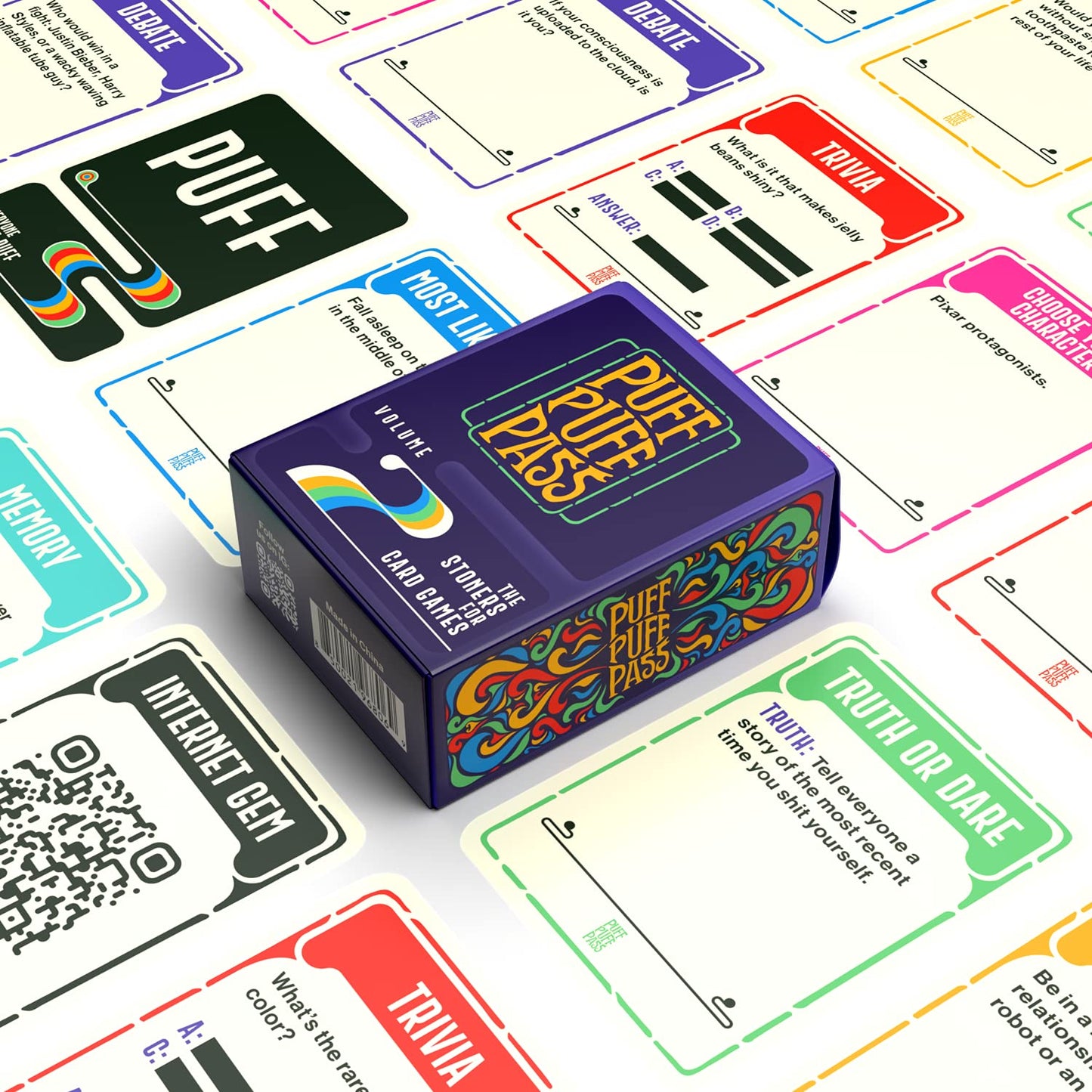 Puff Puff Pass Vol. 2: The Card Game for Stoners w/ 109 Hilarious Trivia, Conversation Starters, Would You Rathers, and More.