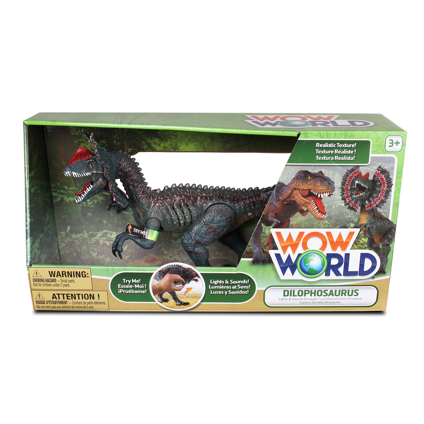 Nkok Wowworld B/O Dilophosaurus (Lights & Sounds), Realistic Roars By Rotating An Arm, Red Led Lights In Mouth And Along Ribs, Articulated In Mouth, Arms, Legs And Tail, Great Gift