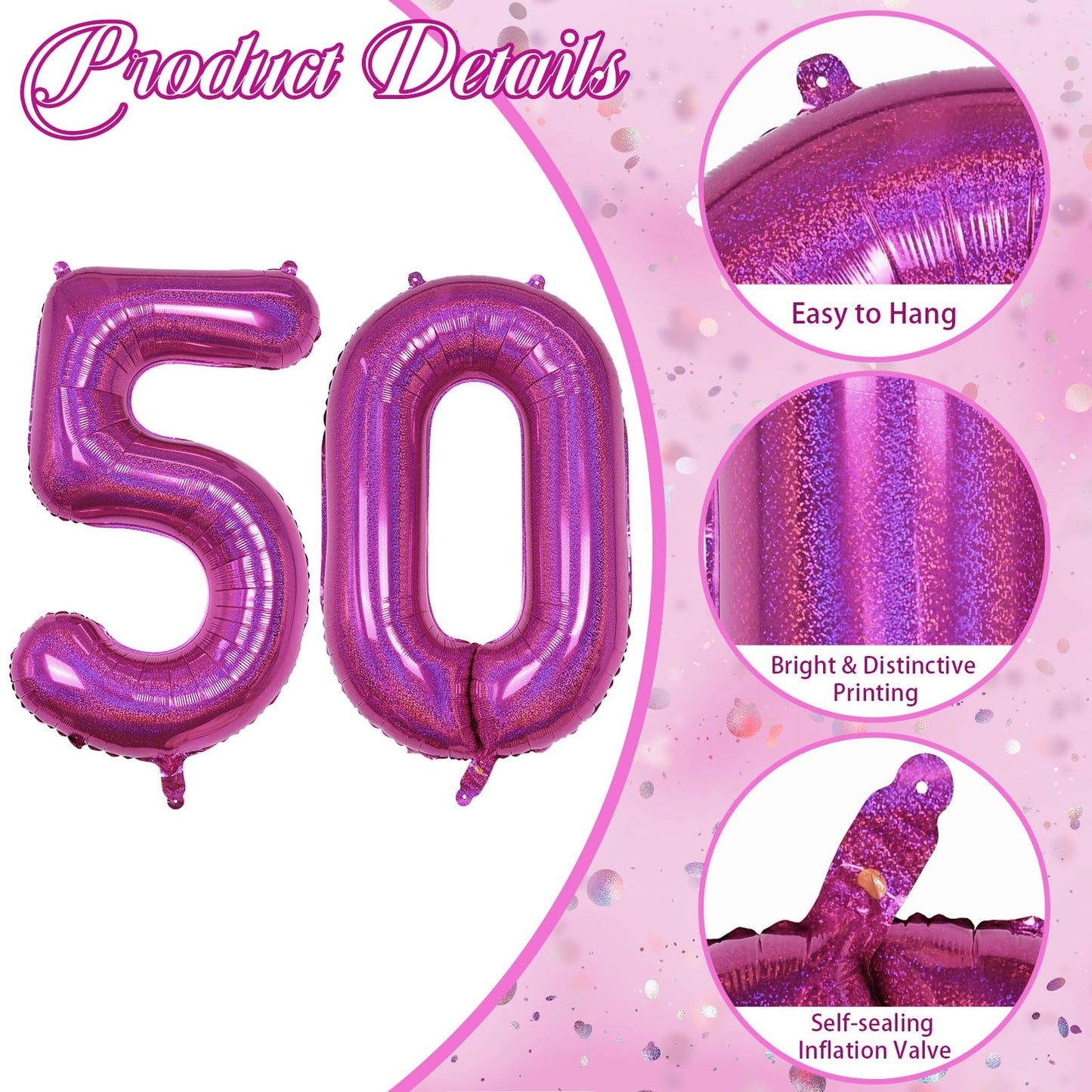 50 Year Old Birthday Balloons, Self Inflating Dark Pink Giant Number 50 Balloons For Women, Laser Hot Pink Iridescent 40 Inch 50