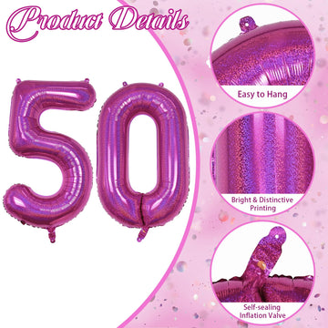 50 Year Old Birthday Balloons, Self Inflating Dark Pink Giant Number 50 Balloons For Women, Laser Hot Pink Iridescent 40 Inch 50