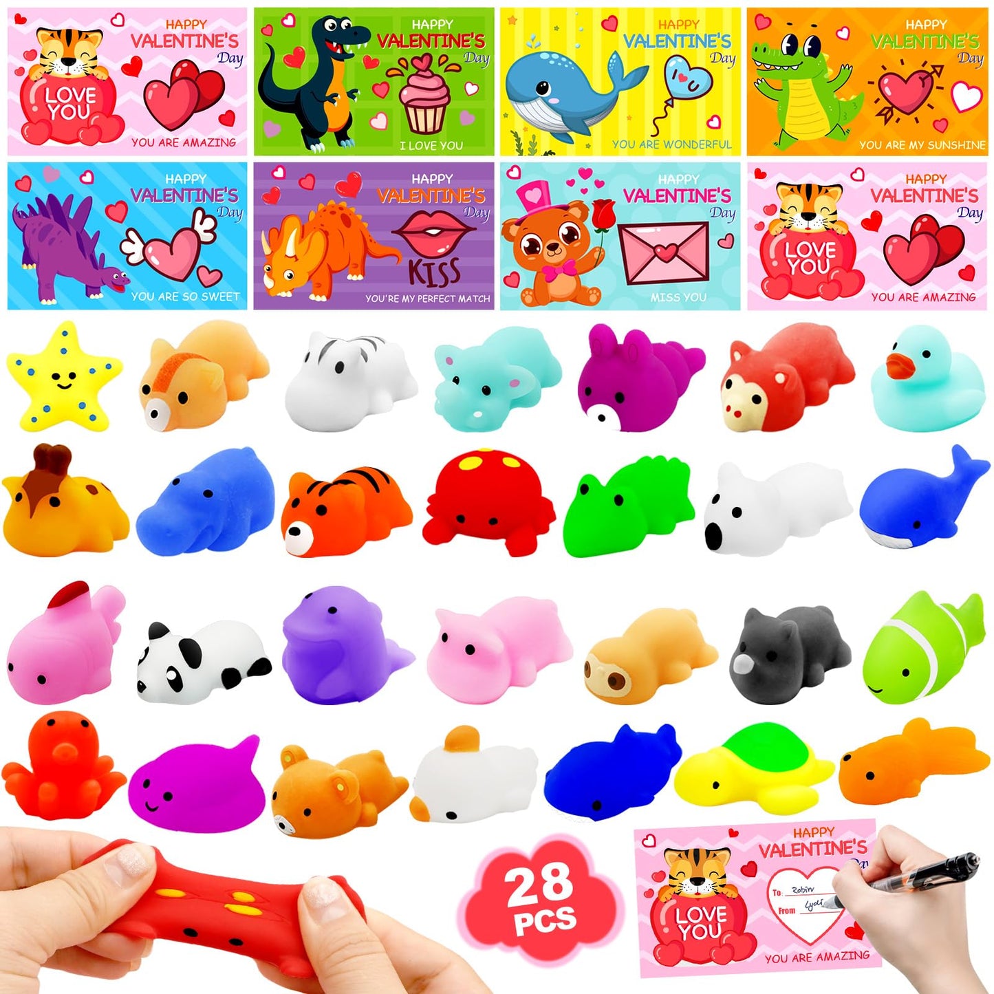 28 Pack Valentine Cards with Mochi Squishy Toys ,Valentines Day Gifts for Kids Animal Squishies Stress Relief Toy Valentines Day