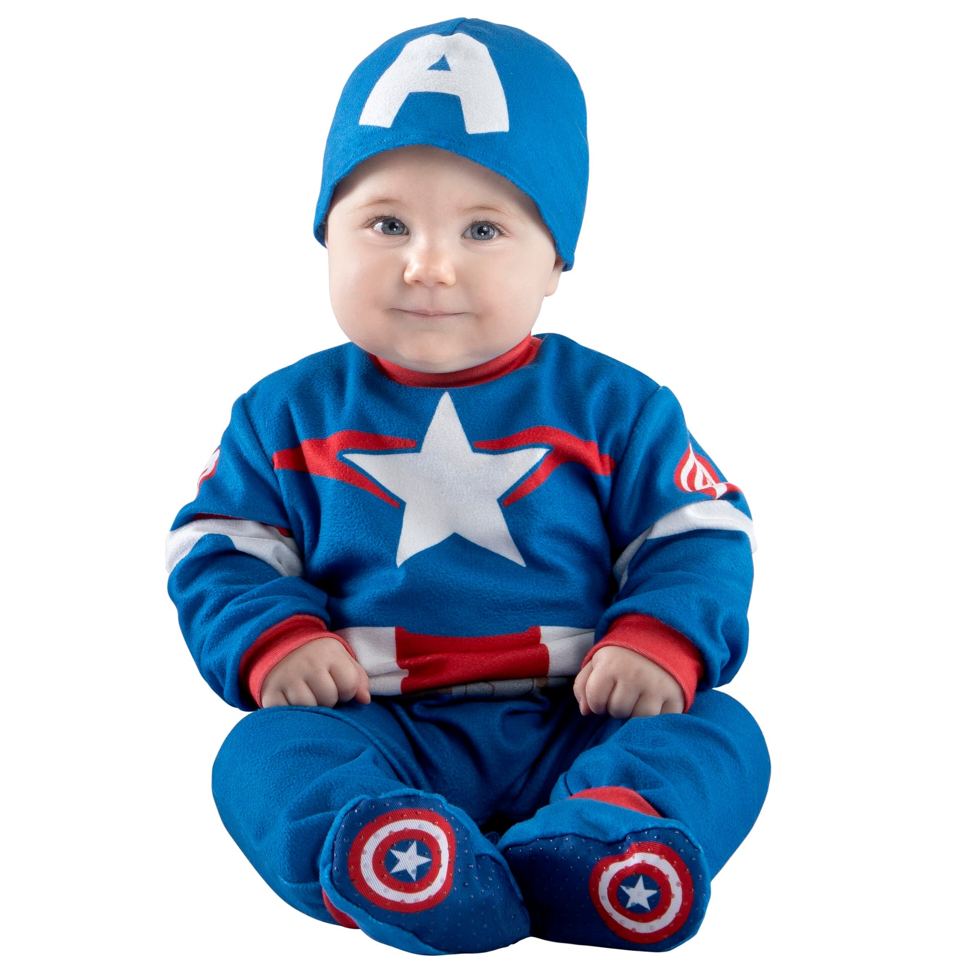 Marvel Captain America Official Infant Halloween Costume - enhanced Quality Minky Fabric Jumpsuit and Non-Slip Booties (0-6 Months) Blue