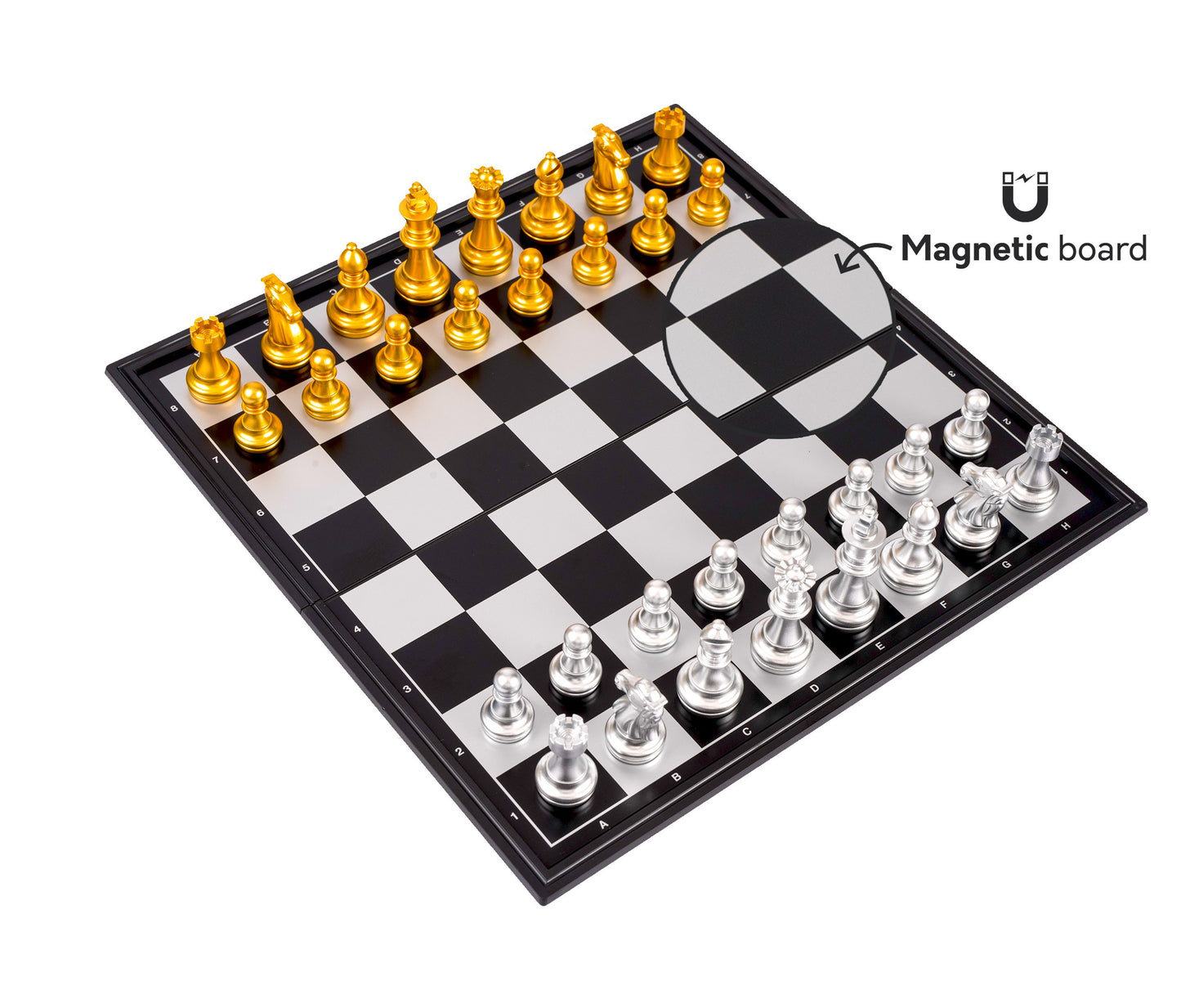 Big Mo's Toys Magnetic Travel Chess Set - Folding Board, Portable, Metal, Silver, 9.7" - Great Travel Toy for Kids and Adults