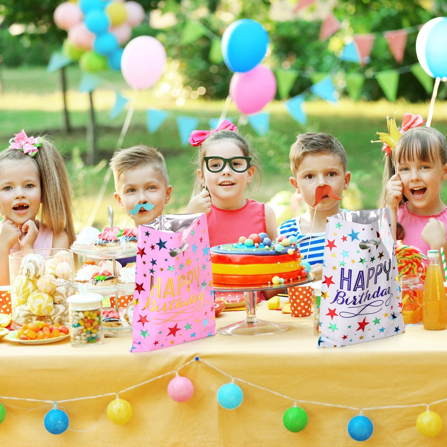 PintreeLand Happy Birthday Party Favor Bags 40 PCS Plastic Goodies Return Gift Bags for Kids Baby Girls & Boys Birthday