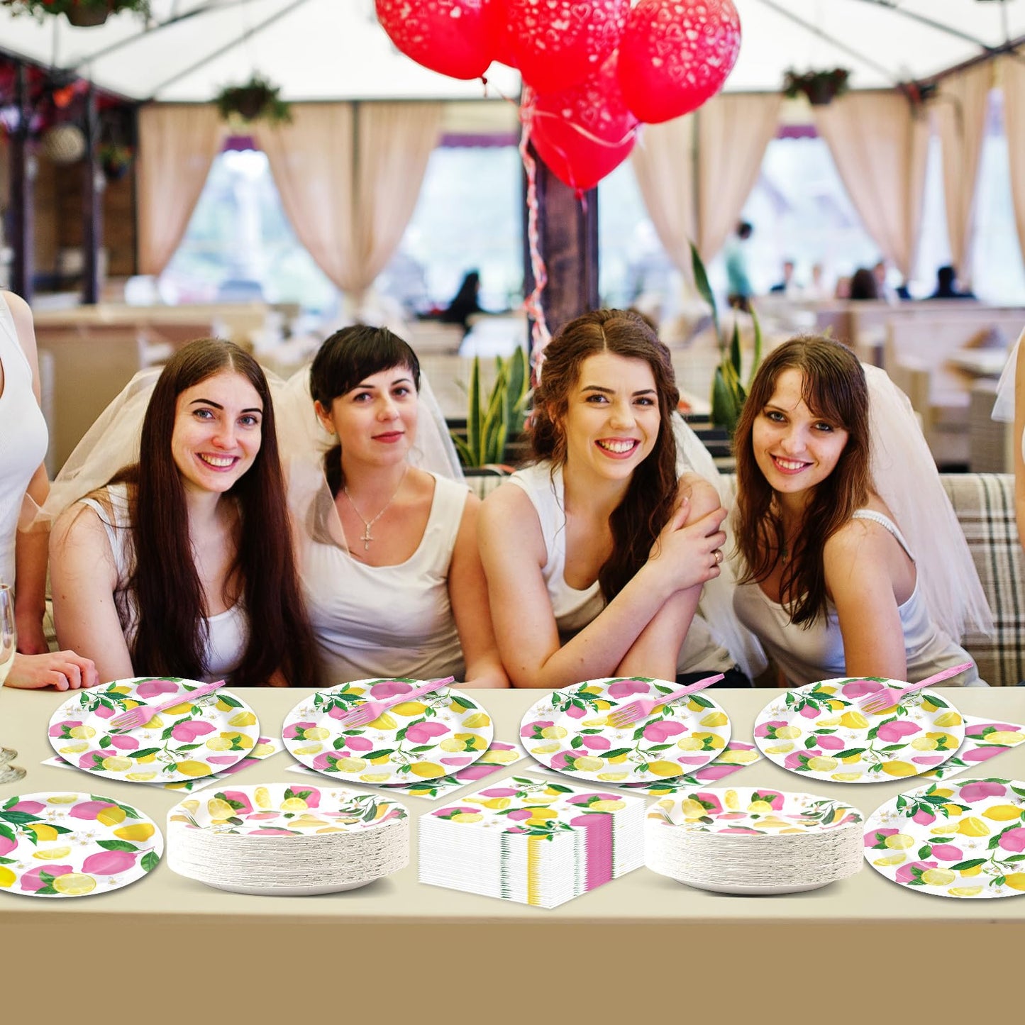 Obusatt 96Pcs Pink Lemon Party Supplies Lemon Paper Plates Napkins Lemons Summer Party Decoration Disposable Pink Lemonade Table