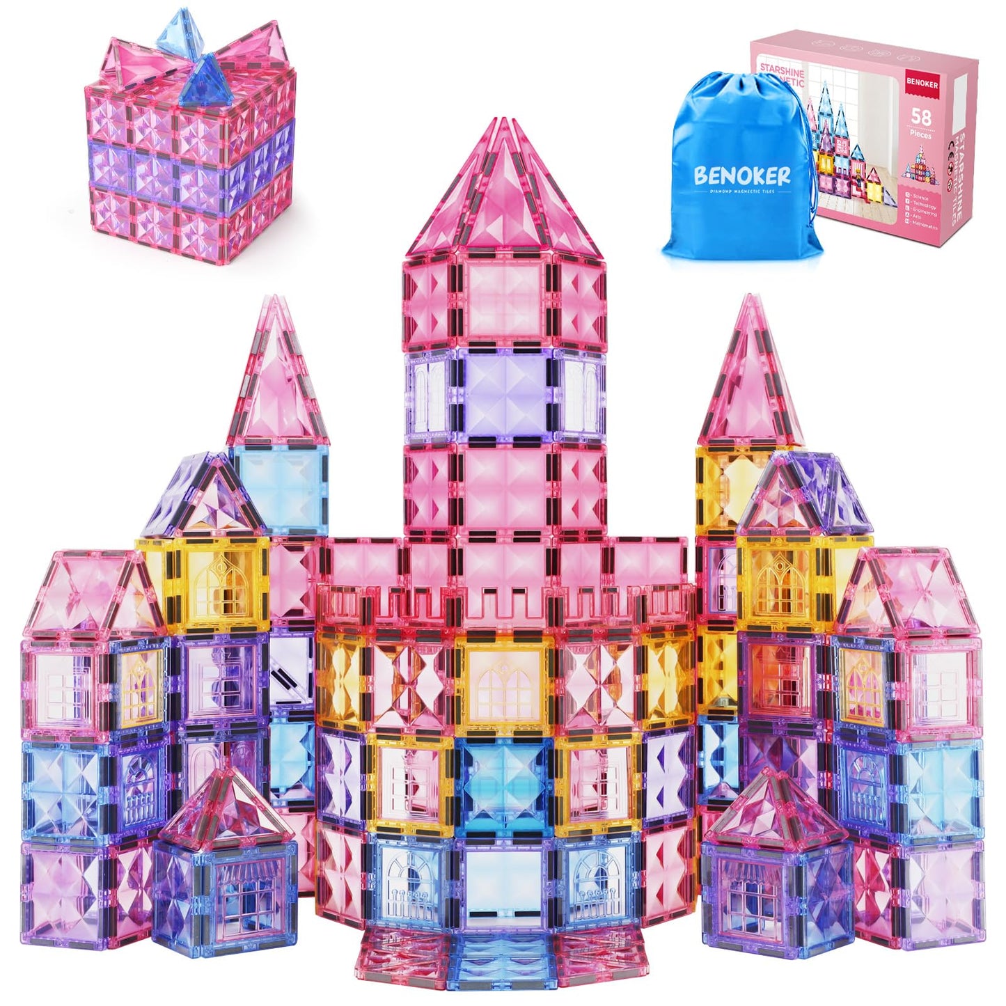 Princess Magnetic Tile Castle 3D Building Block Set - Sensory Stem Educational Building Toddler Kids Toys - Pink Magnetic Buildi