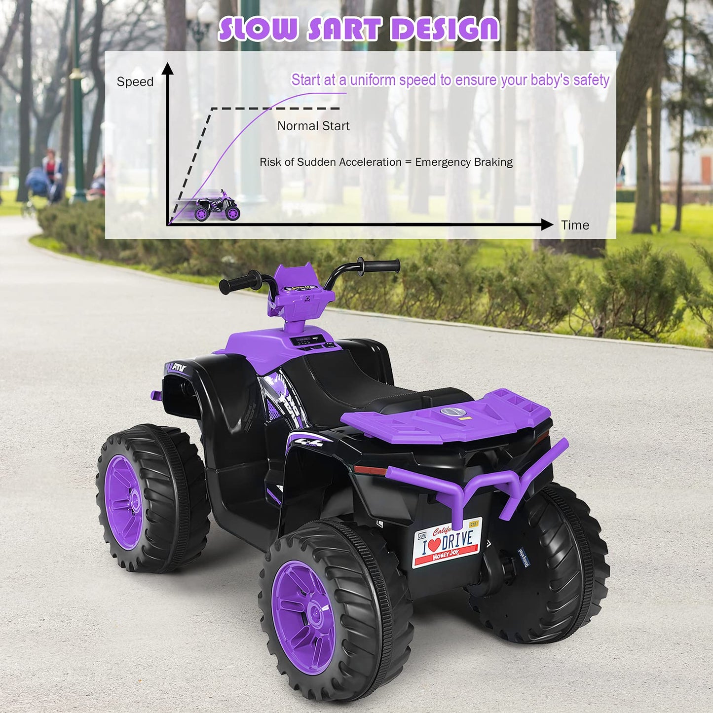Costzon Kids ATV 12V Electric Vehicle, Purple, LED Lights, Horn, Music, Treaded Tires, Ride-On Car for Boys & Girls