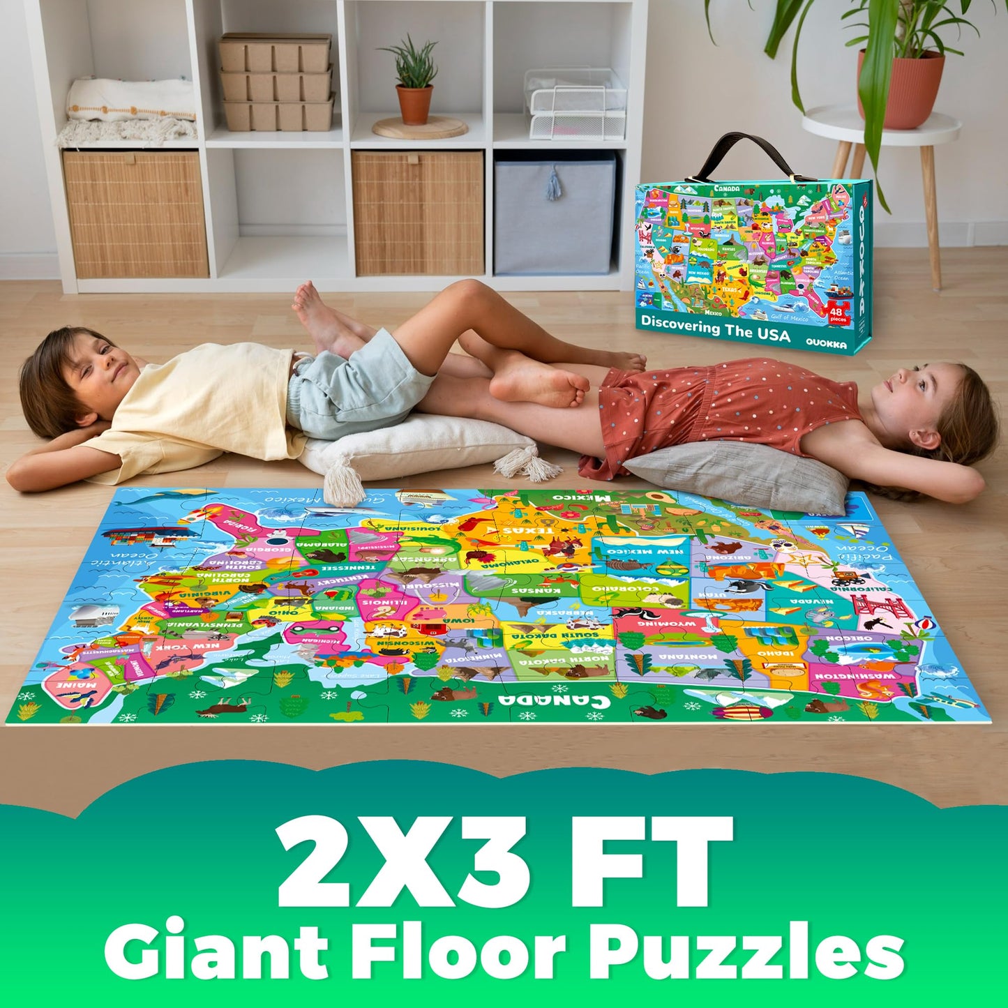 QUOKKA Giant Floor Puzzle for Kids Ages 4-6 - 2x3 Feet Extra-Thick 48 Pieces Toddler Puzzle Ages 3-5 - USA Map Educational Activity for Boys Girls - enhanced Box with Sturdy Handle & Magnetic Closure