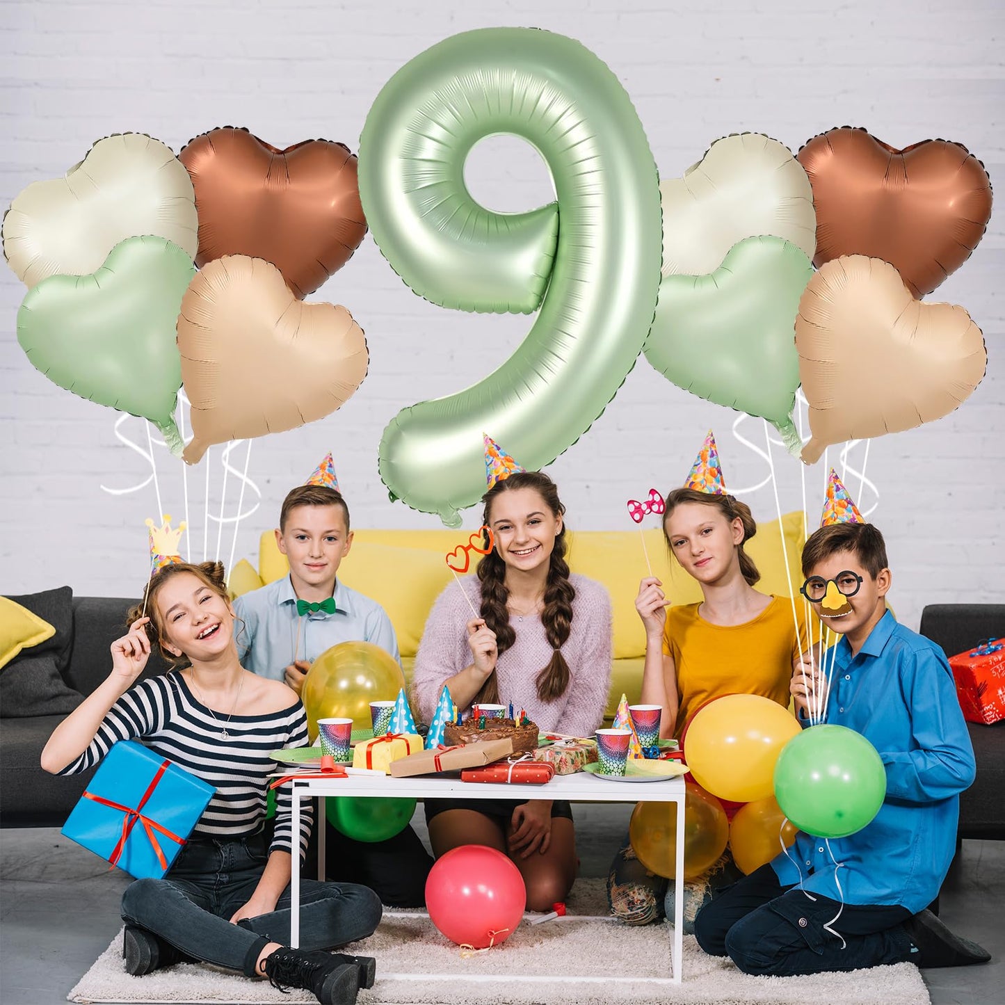 Biapian 40 Inch Sage Green Number 9 Balloons, Gaint Number 9 Balloon With 18'' Retro Foil Heart Balloons Helium For Neutral Boys