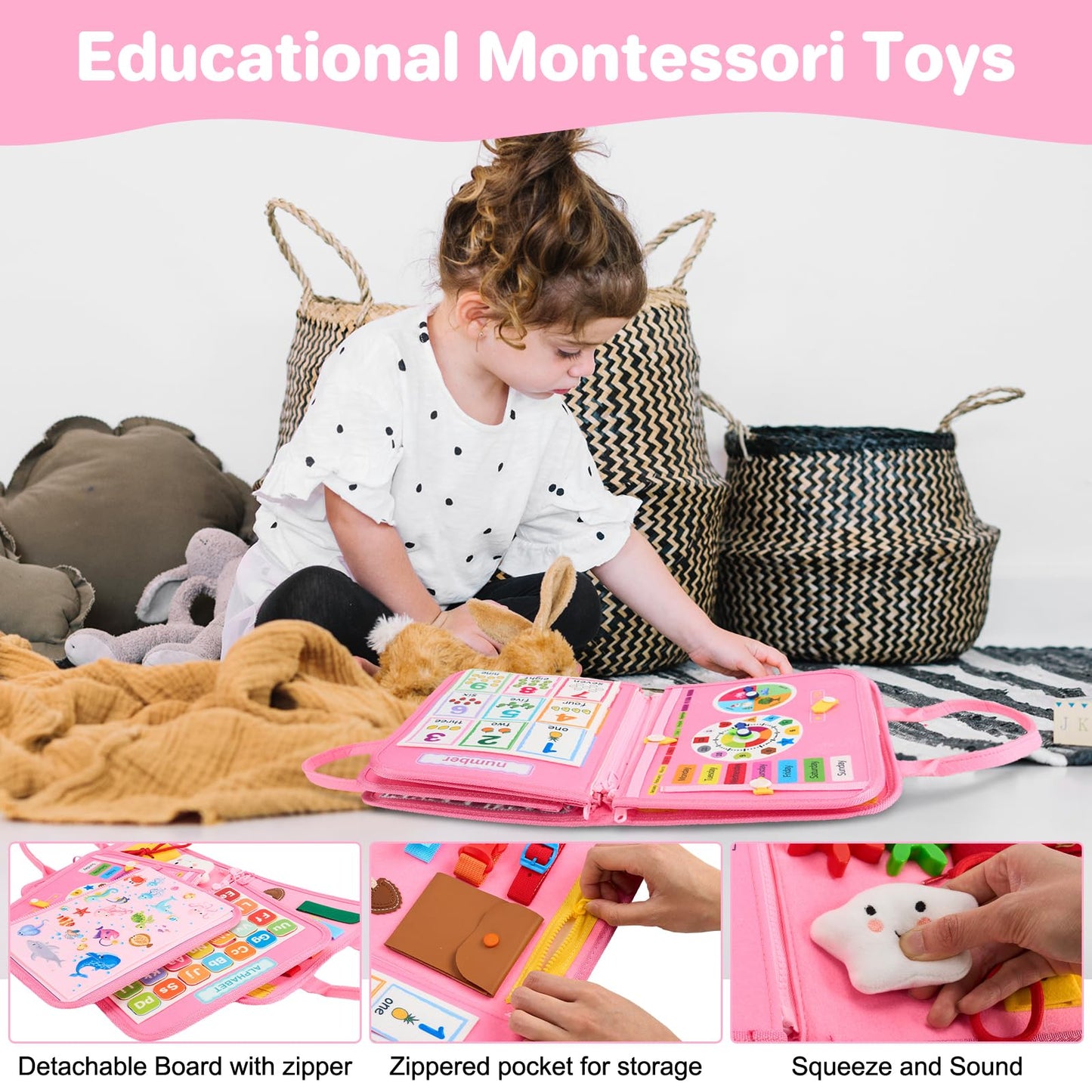 Toysym Toddler Busy Board Montessori Toys, Sensory Toys For 1 2 3 4 Year Old Girl, Busy Book Travel Educational Activities For L