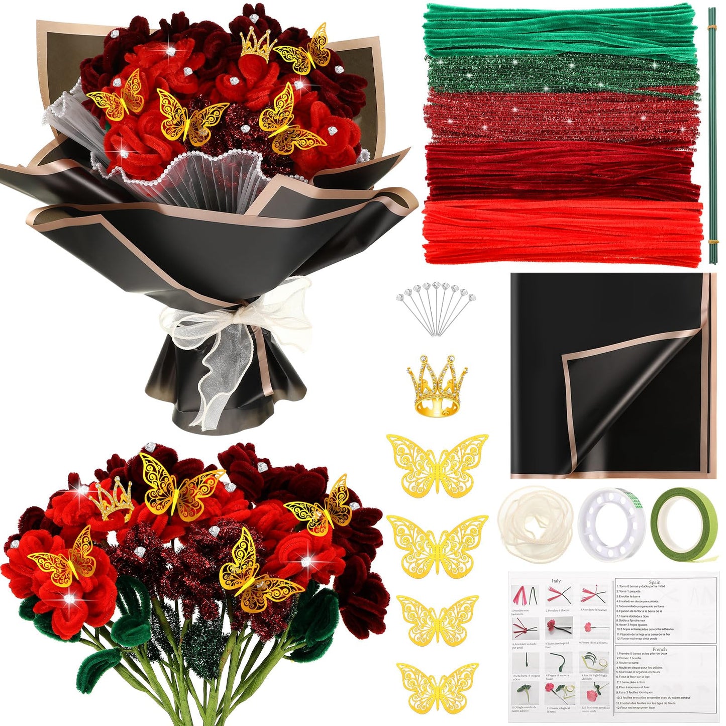Sinload 290 Pcs Pipe Cleaners Flower Bouquet Craft Kit for DIY Bouquet with Tutoria and Flower Wrapping Paper Fluffy Pipe Cleane