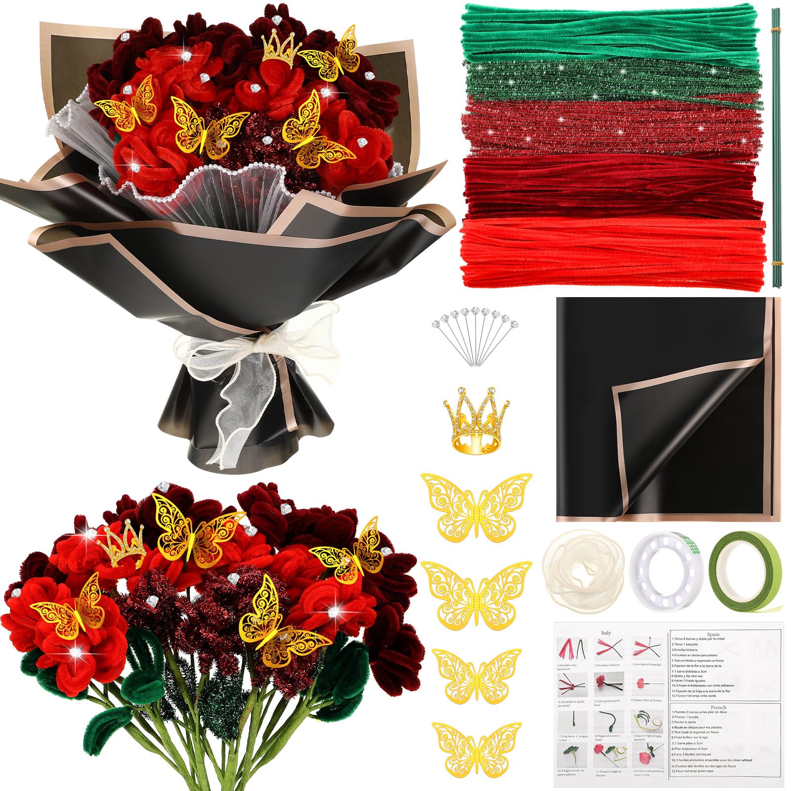 Sinload 290 Pcs Pipe Cleaners Flower Bouquet Craft Kit for DIY Bouquet with Tutoria and Flower Wrapping Paper Fluffy Pipe Cleane
