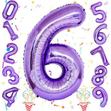 Purple Number 6 Balloon For Girls 6Th Birthday, 40 Inch Number Foil Balloon 6, Mylar Helium Large Balloon For Kids 6 Years Old B