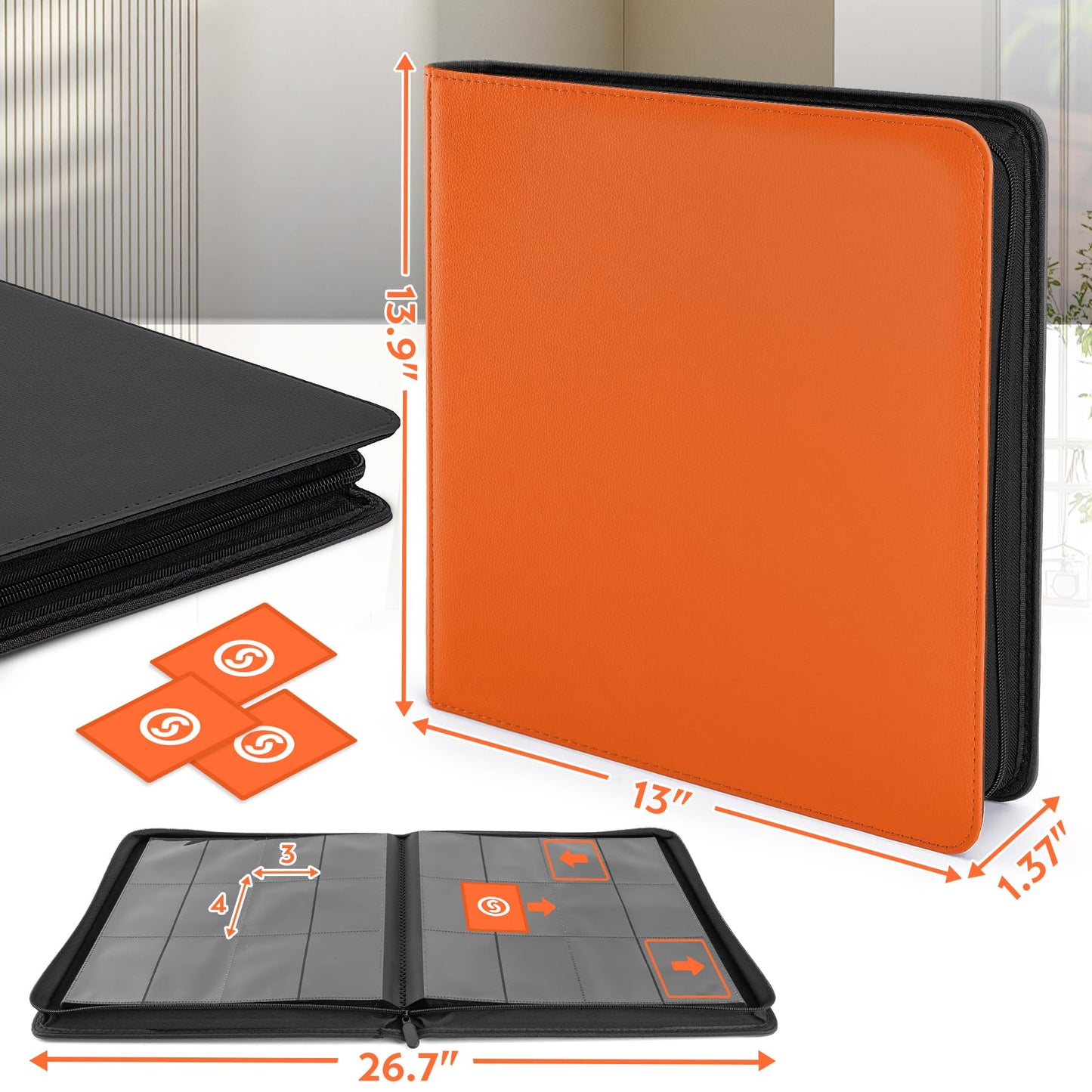 SMYV 12 Pocket Trading Card Binder  enhanced PU Cover Card Binder for 720 Cards  Ringless Side Loading Card Collection Album Folders for MTG  TCG  Game Cards & Sports Cards (Orange)