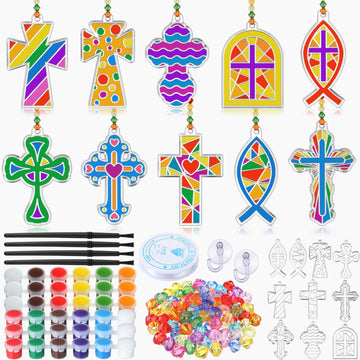 WinnerWhy 30 Sets Cross Suncatchers Window Art Kits, Christian DIY Sun Catchers Bulk Religious Crafts Paint Your Own Cross Windo