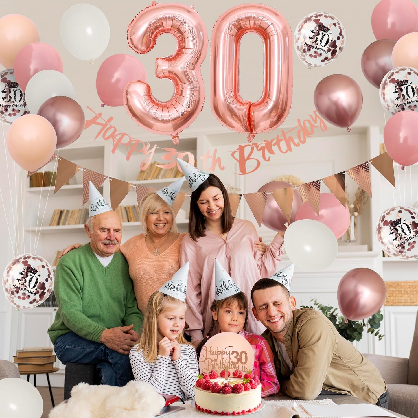 30Th Birthday Decorations Retro Pink Rose Gold,30Th Birthday Balloons,Happy 30Th Birthday Banner With Cake Toppers Rose Gold Num