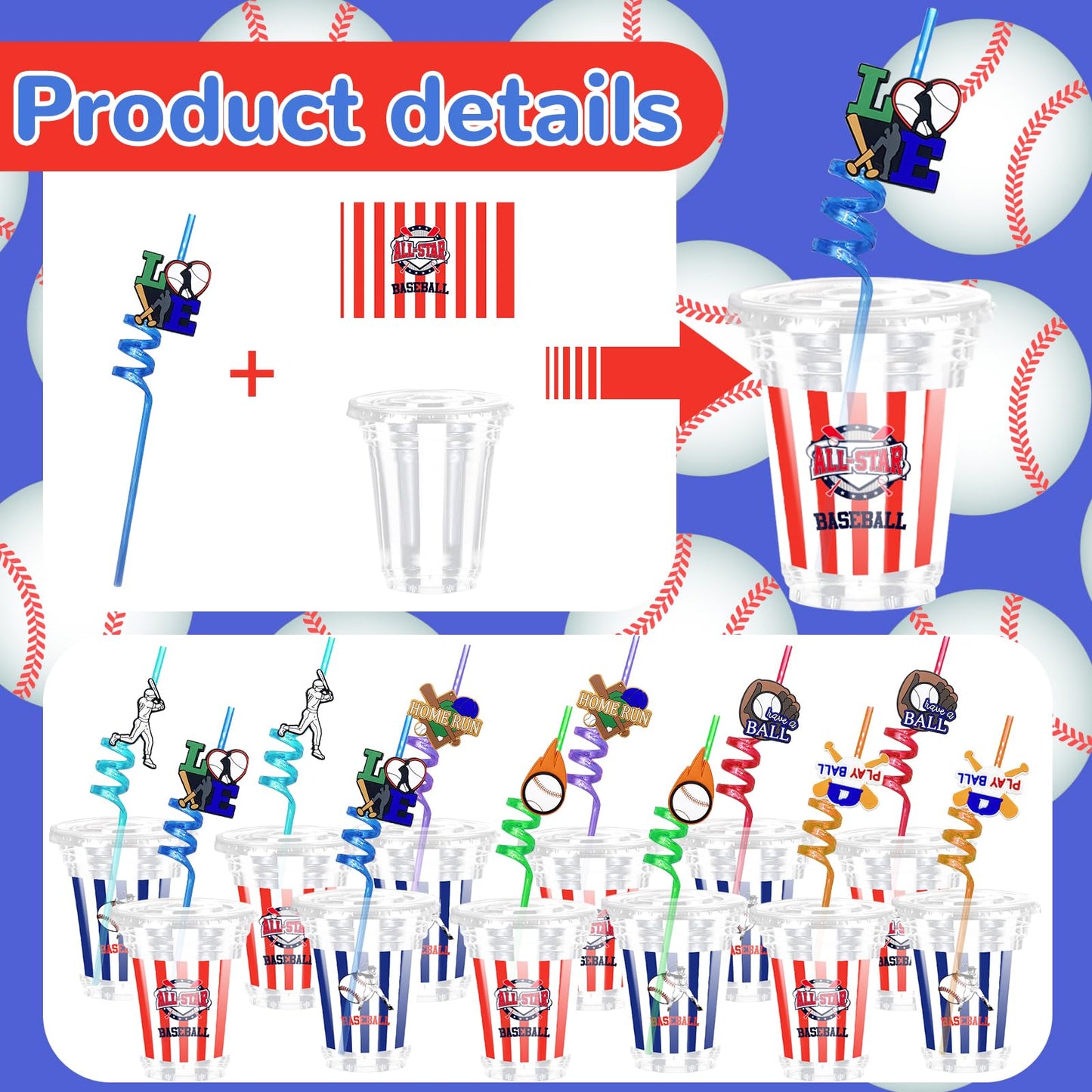 Tkifoda Baseball Party Favors , 72 PCS Sports Baseball Party Cups with Lids Straw Baseball Slap Straws Silicone Bracelets Sticke
