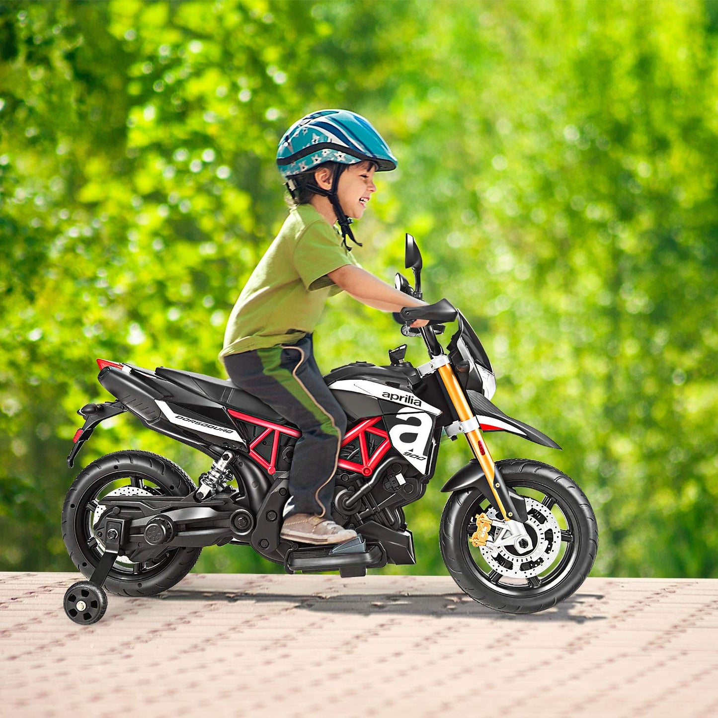 Costzon 12V Kids Motorcycle, Licensed Aprilia Electric Motorcycle Ride On Toy W/Training Wheels, Spring Suspension, Led Lights, Sounds & Music, Mp3, Battery Powered Dirt Bike For Boys & Girls, Black