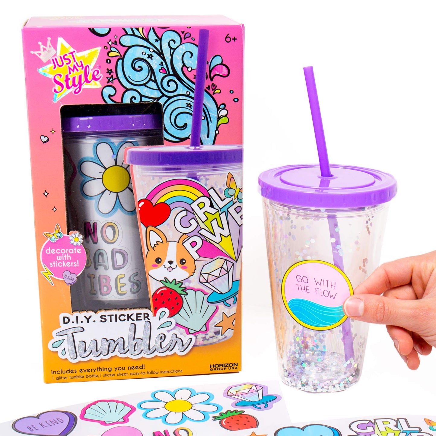 Just My Style DIY Sticker Tumbler, Style & Embellish Your Own BPA Free VSCO Glitter Water Tumbler, Reusable Stickers Included, G