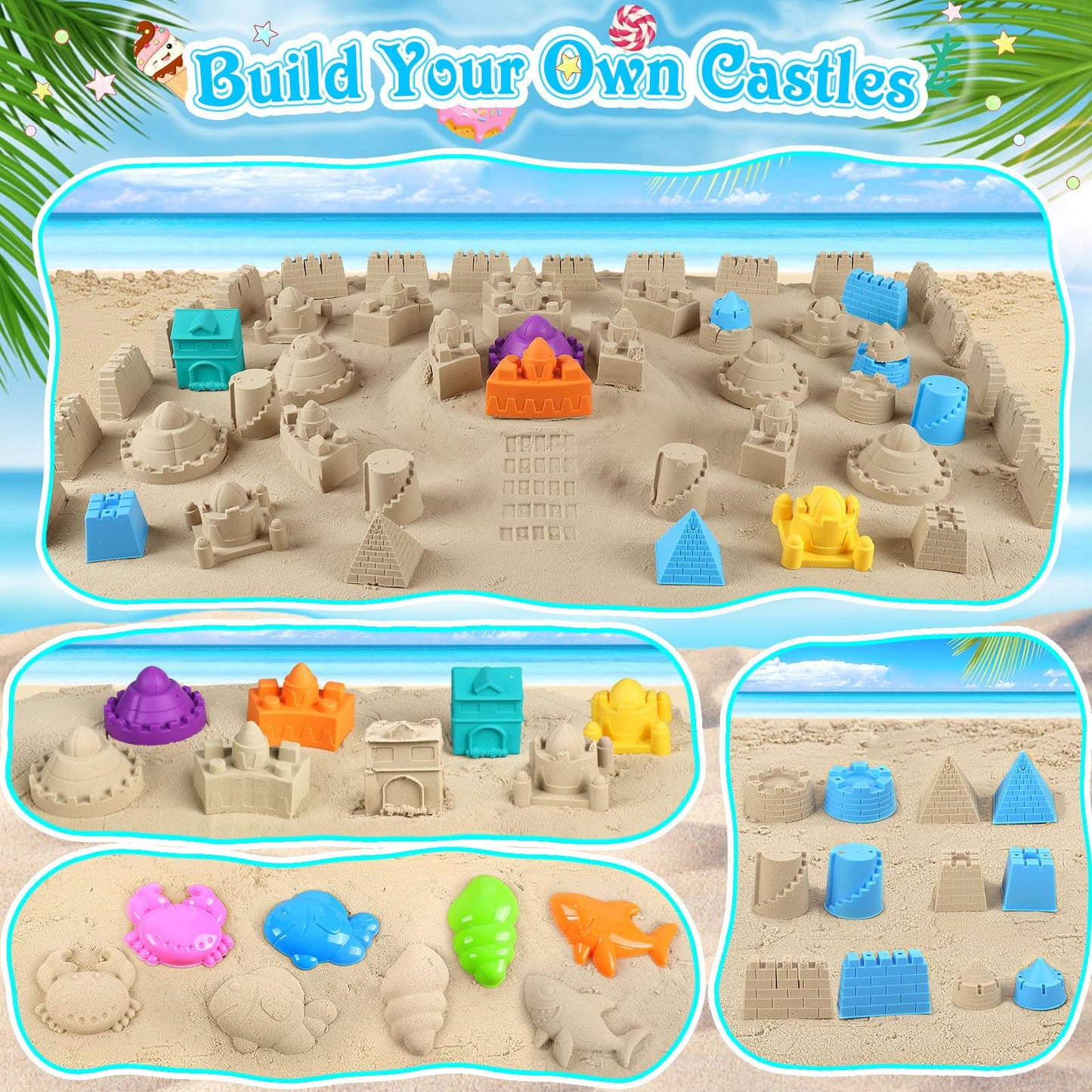 Collapsible Beach Toys For Kids Toddlers, 3 Foldable Buckets And Shovels Set, Sand Castle Building Kit, Ice Cream Travel Sand To