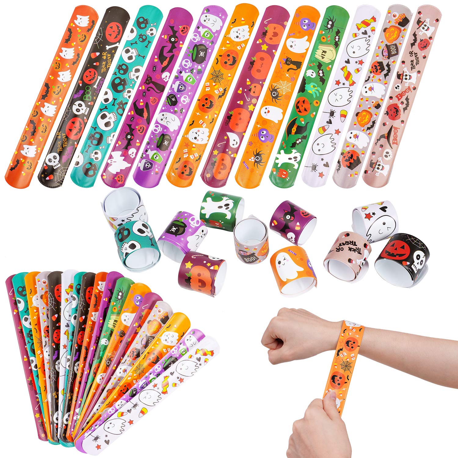 CCINEE 48pcs Halloween Slap Bracelets Assorted Bulk Pumpkin Zombie Witches Snap Bracelet Wristbands for Kids Halloween Party Gif