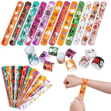 CCINEE 48pcs Halloween Slap Bracelets Assorted Bulk Pumpkin Zombie Witches Snap Bracelet Wristbands for Kids Halloween Party Gif
