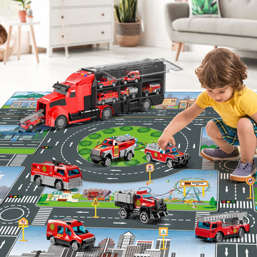 NIPLOOOW Fire Trucks Toy Set with Play Mat, Carrier Truck Play Vehicles Set for 3 4 5 6 Years Old Boys Kids, Die-Cast Car Toy fo